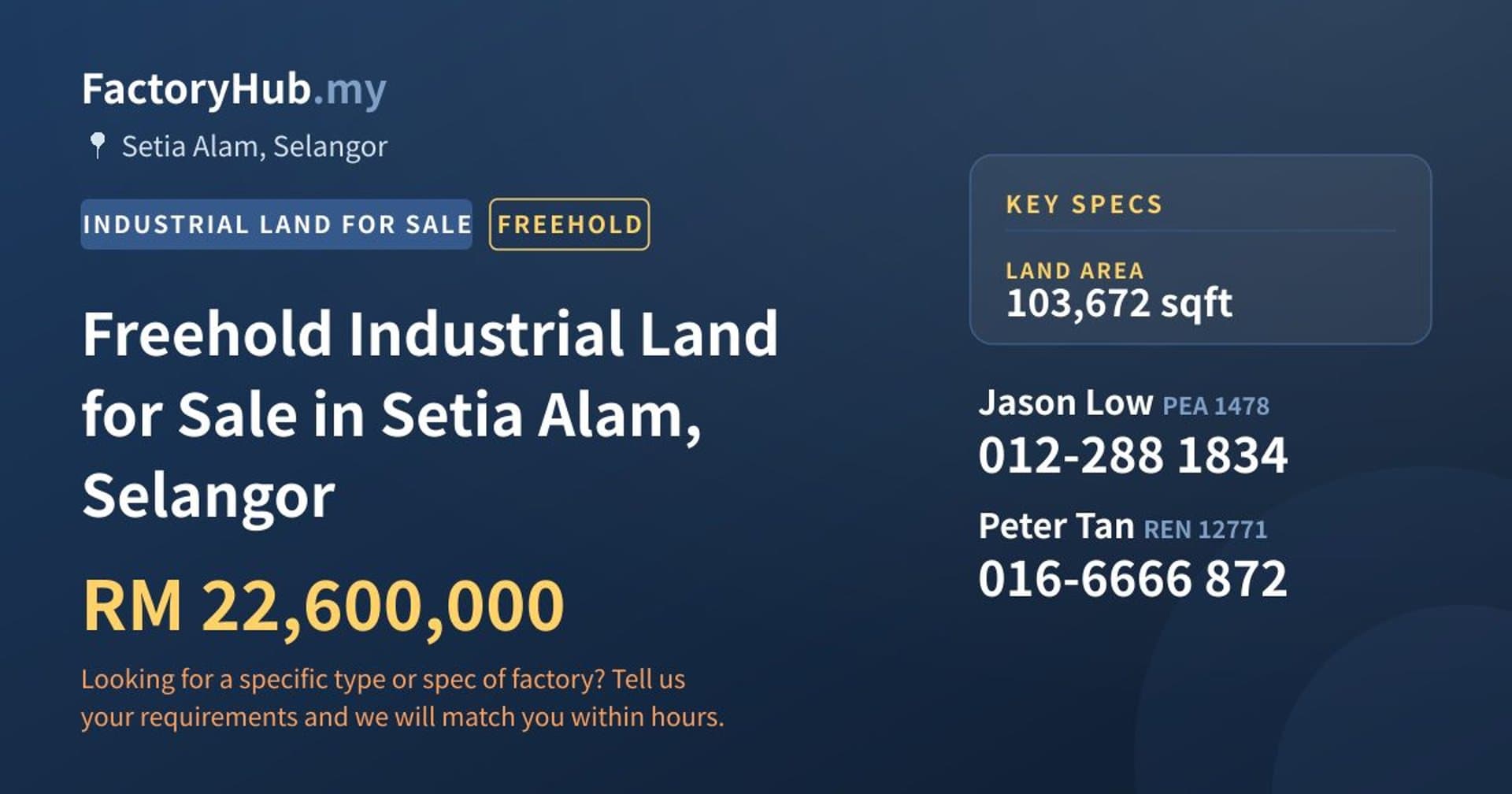 Freehold Industrial Land for Sale in Setia Alam, Selangor - Property image 1 of 2