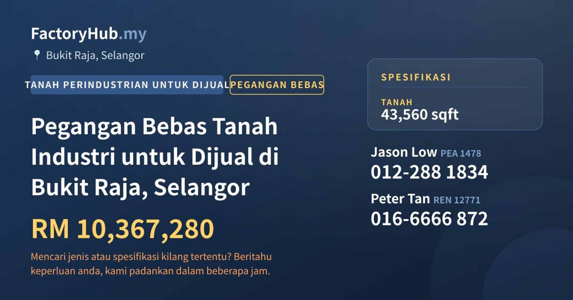 Pegangan Bebas Tanah Industri untuk Dijual di Bukit Raja, Selangor · Imej hartanah 1/2