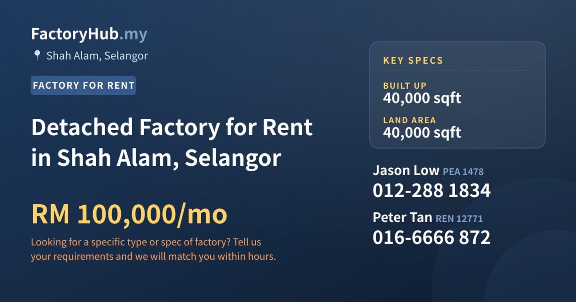 Detached Factory for Rent in Shah Alam, Selangor - Property image 1 of 2
