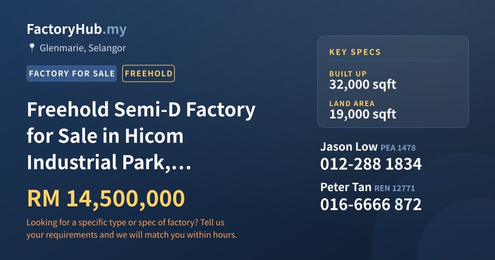Freehold Semi-D Factory for Sale in Hicom Industrial Park, Glenmarie - Property image 1 of 2