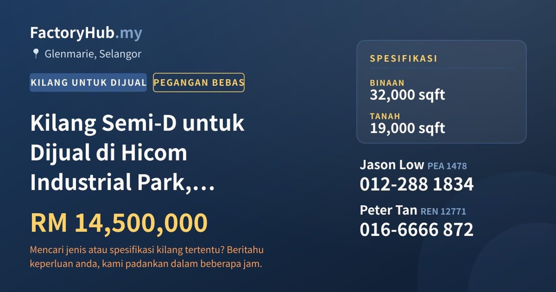 Kilang Semi-D untuk Dijual di Hicom Industrial Park, Glenmarie · Imej hartanah 1/2