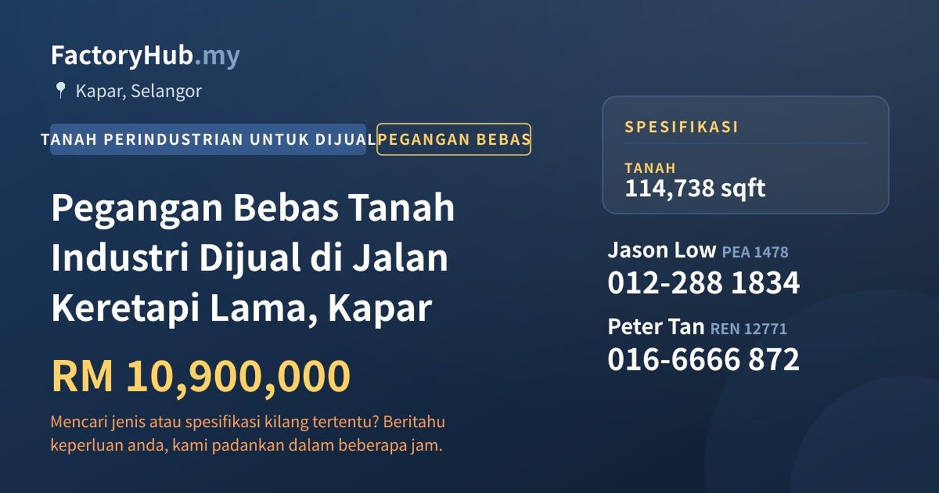 Pegangan Bebas Tanah Industri Dijual di Jalan Keretapi Lama, Kapar · Imej hartanah 1/2