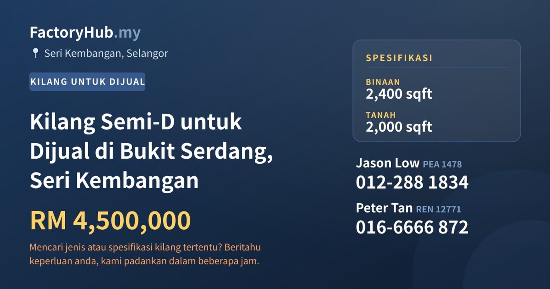 Kilang Semi-D untuk Dijual di Bukit Serdang, Seri Kembangan · Imej hartanah 1/2