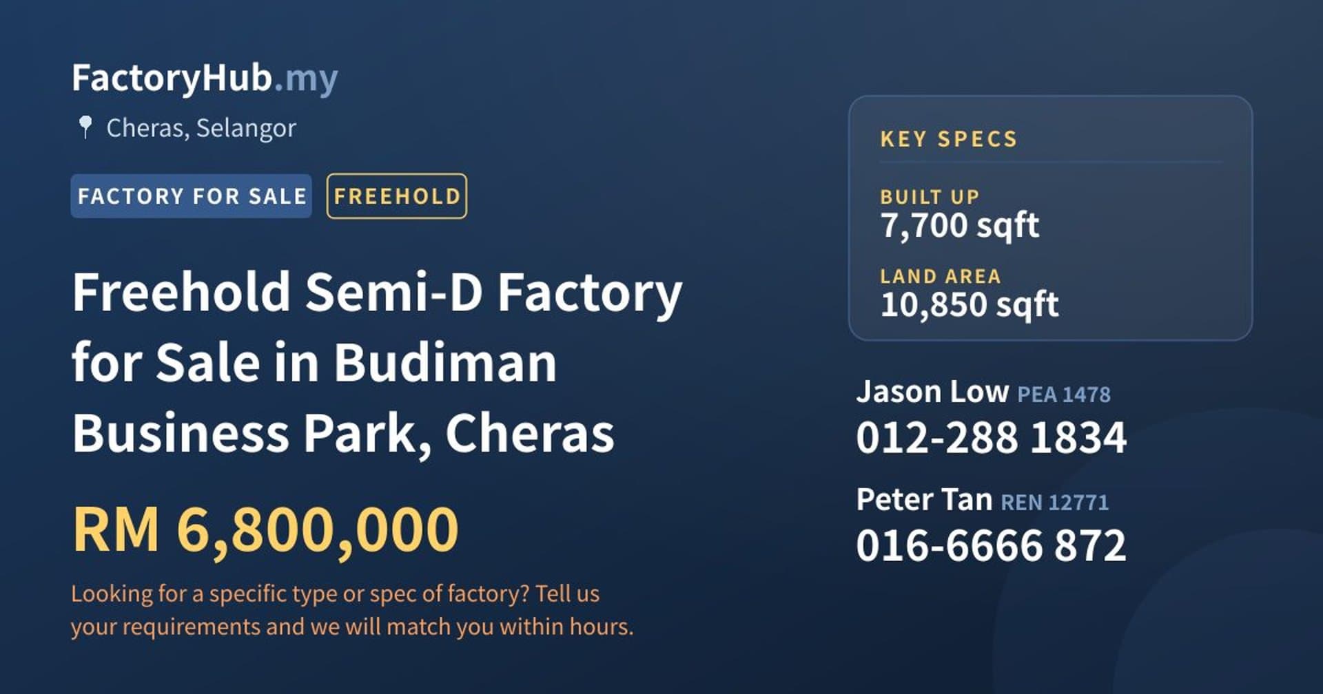 Freehold Semi-D Factory for Sale in Budiman Business Park, Cheras - Property image 1 of 2