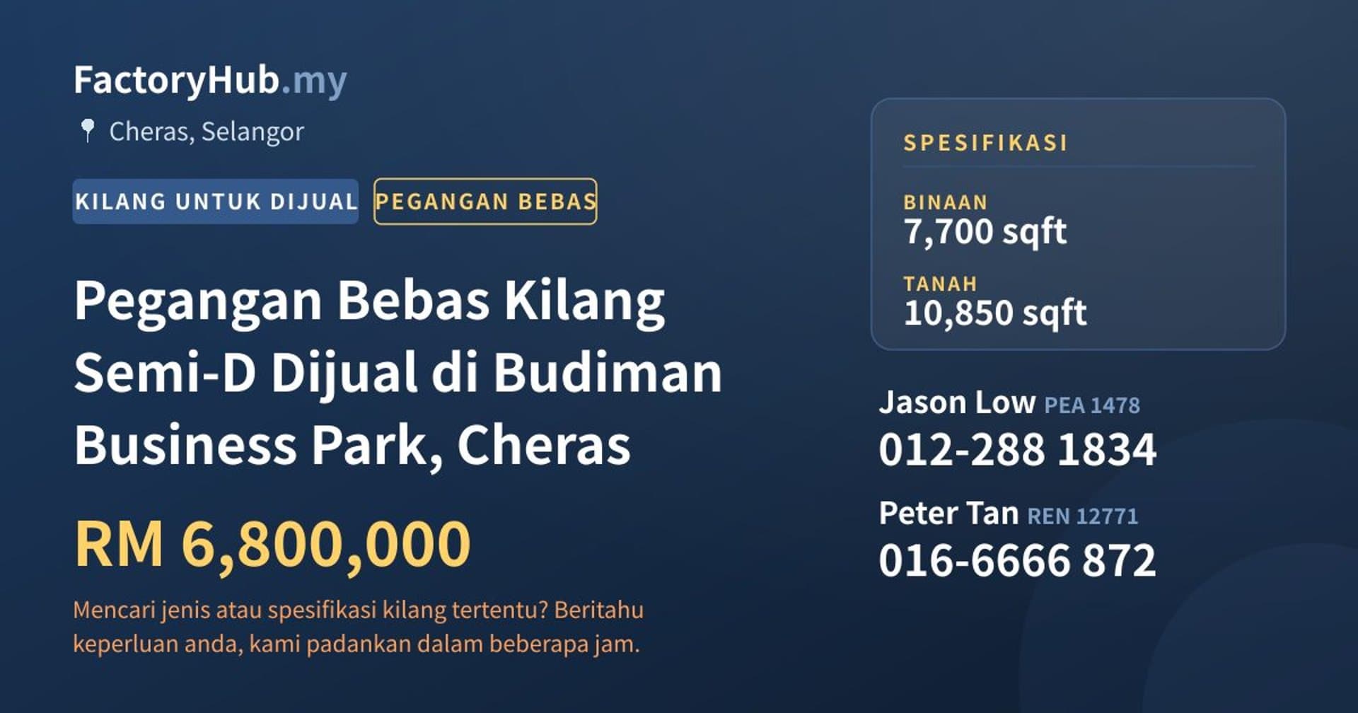 Pegangan Bebas Kilang Semi-D Dijual di Budiman Business Park, Cheras · Imej hartanah 1/2