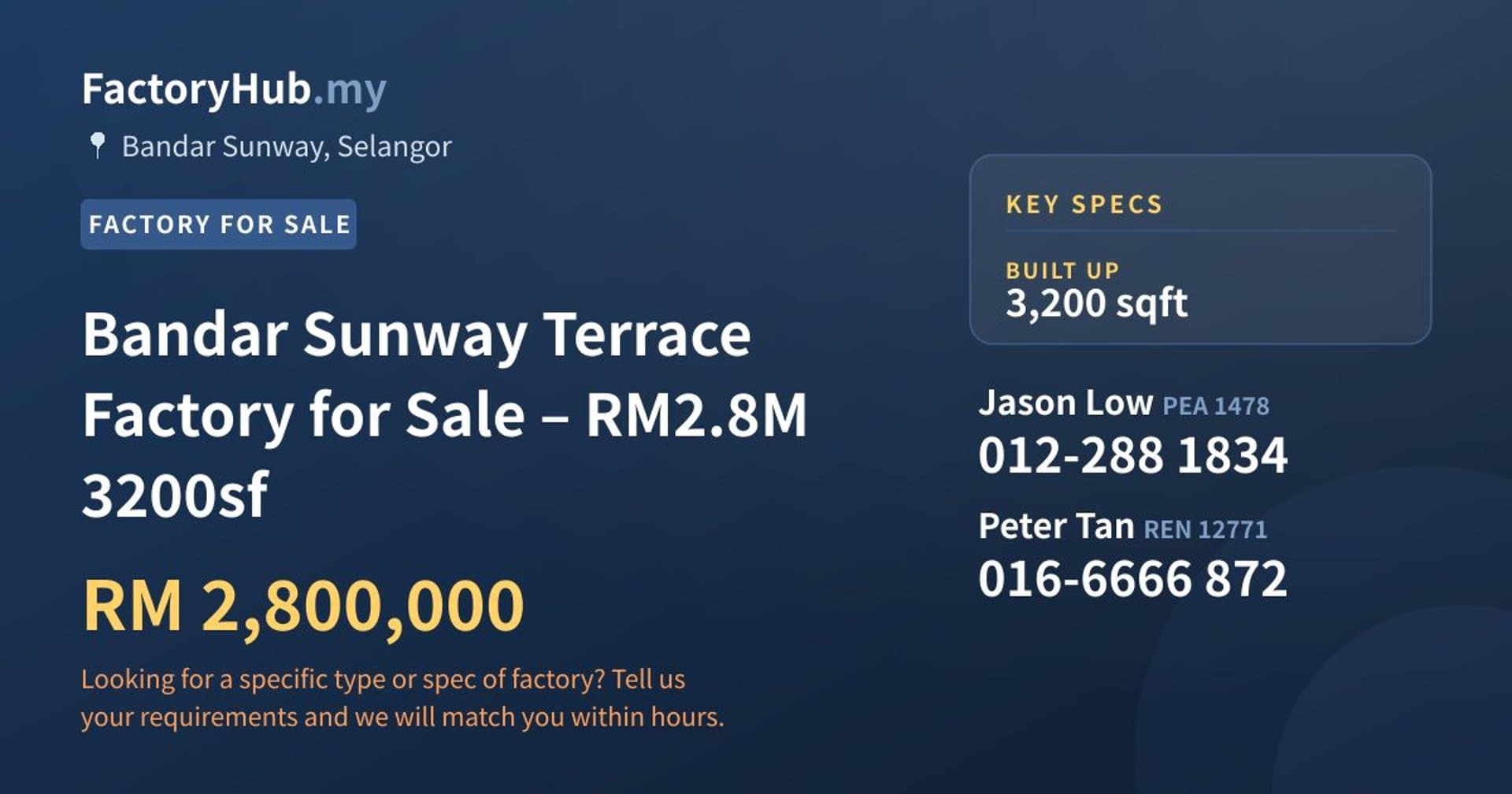 Bandar Sunway Terrace Factory for Sale – RM2.8M 3200sf - Property image 1 of 7