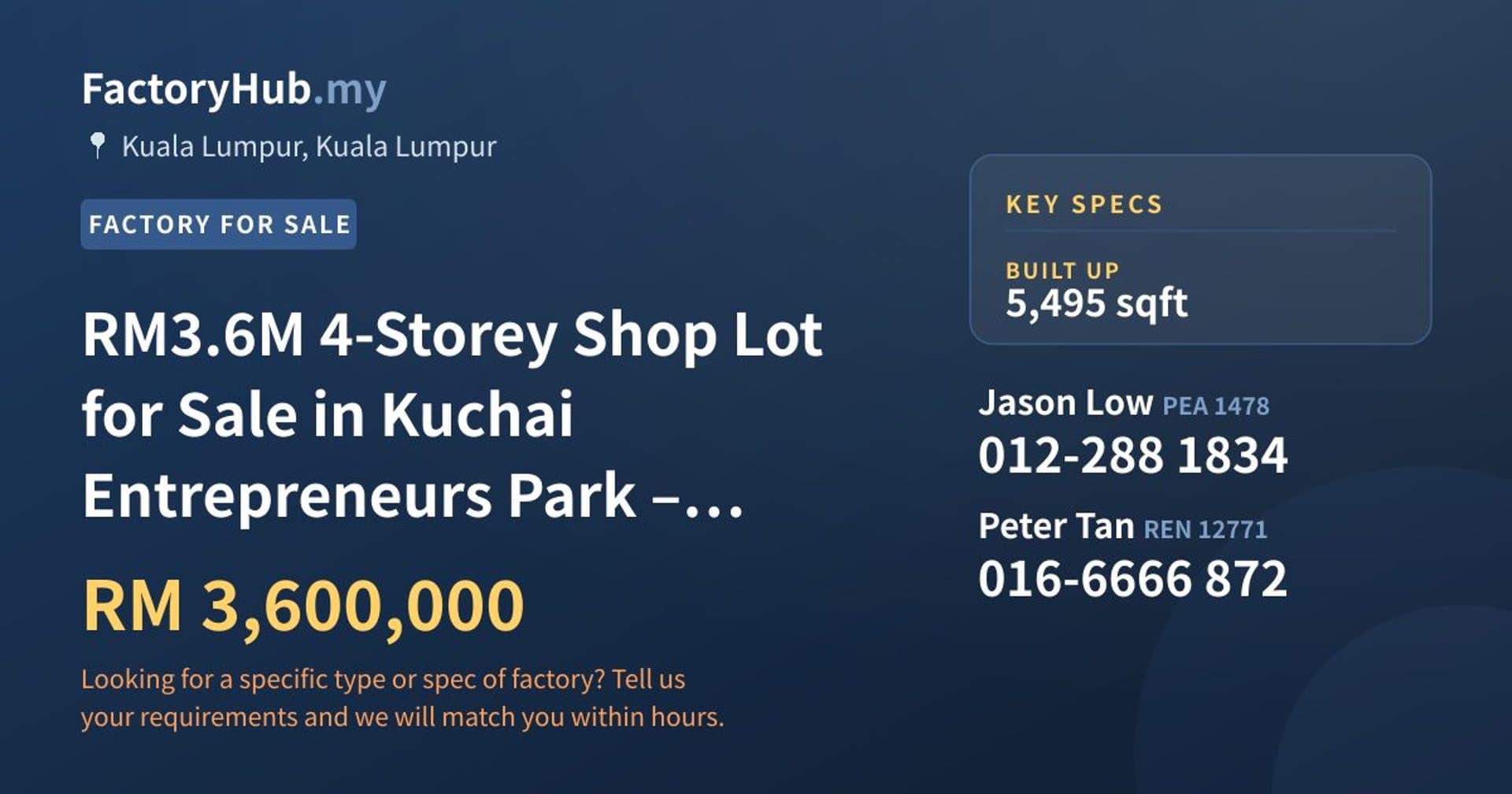 RM3.6M 4-Storey Shop Lot for Sale in Kuchai Entrepreneurs Park – 5495sf - Property image 1 of 7