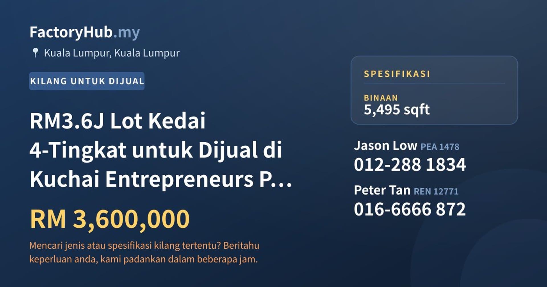 RM3.6J Lot Kedai 4-Tingkat untuk Dijual di Kuchai Entrepreneurs Park – 5495kp · Imej hartanah 1/7