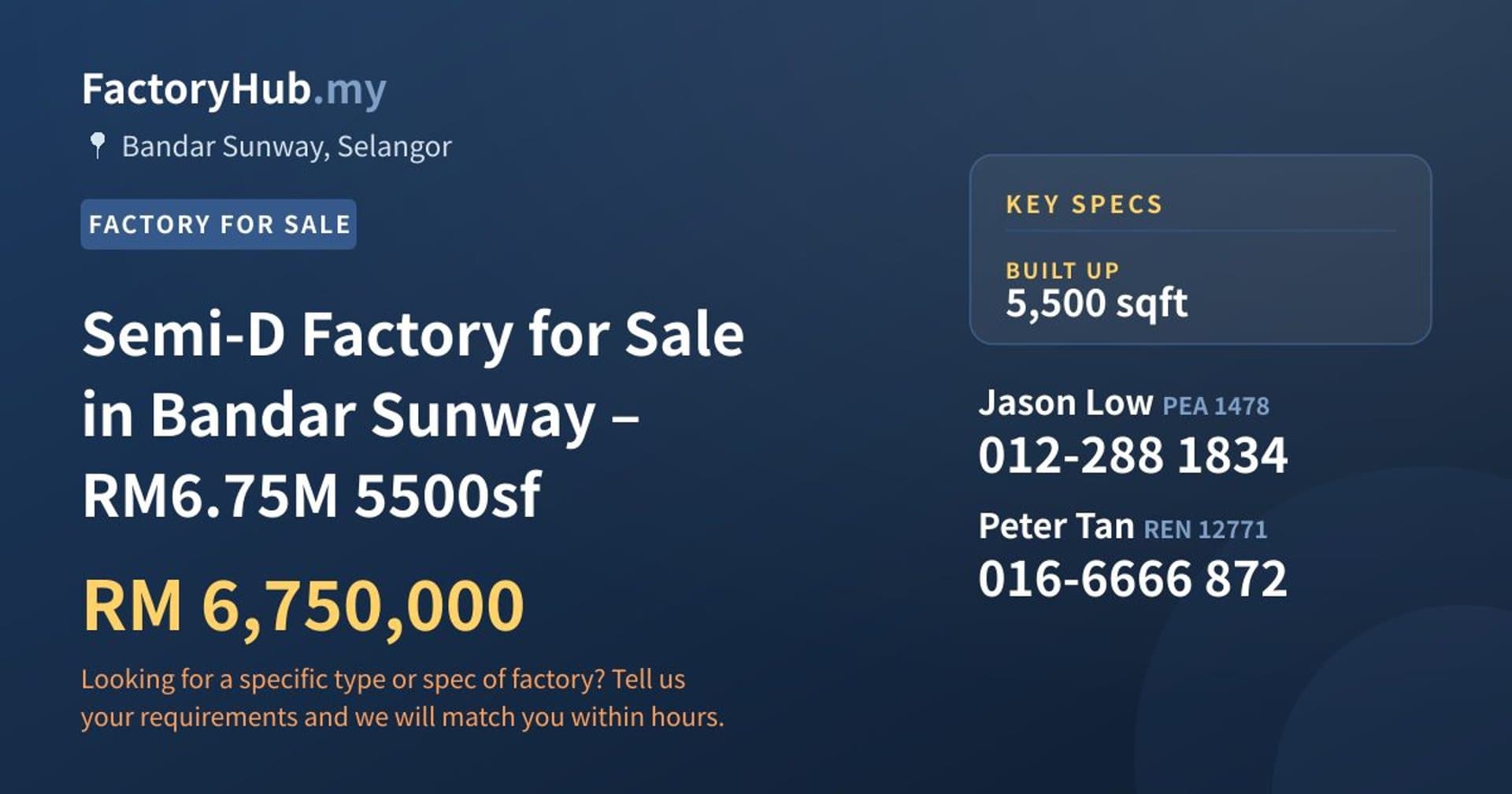 Semi-D Factory for Sale in Bandar Sunway – RM6.75M 5500sf - Property image 1 of 9