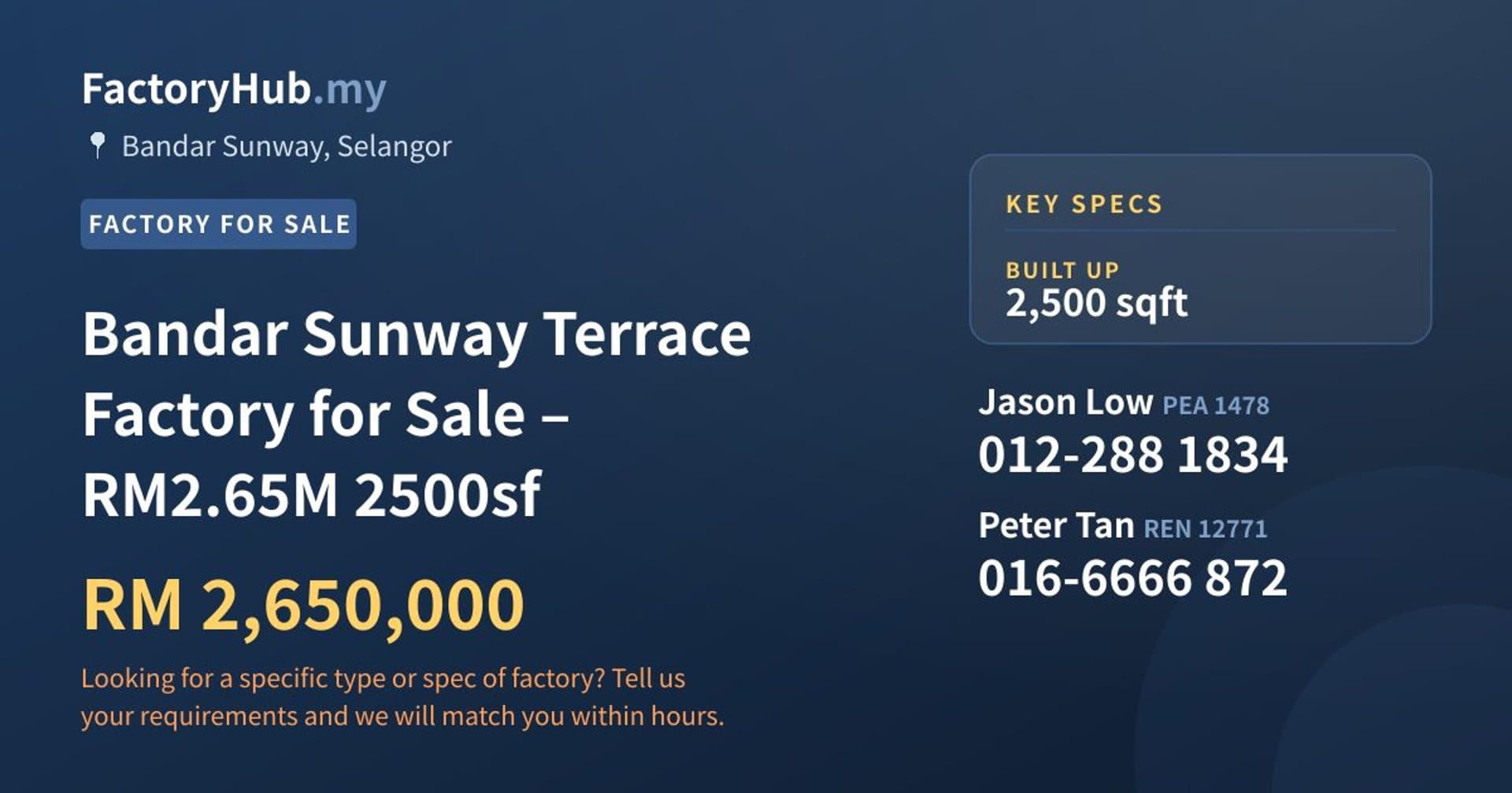 Bandar Sunway Terrace Factory for Sale – RM2.65M 2500sf - Property image 1 of 9