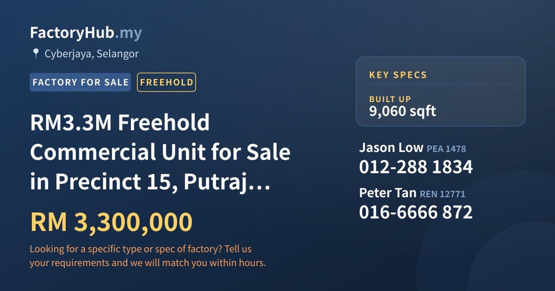 RM3.3M Freehold Commercial Unit for Sale in Precinct 15, Putrajaya – 9060sf - Property image 1 of 13