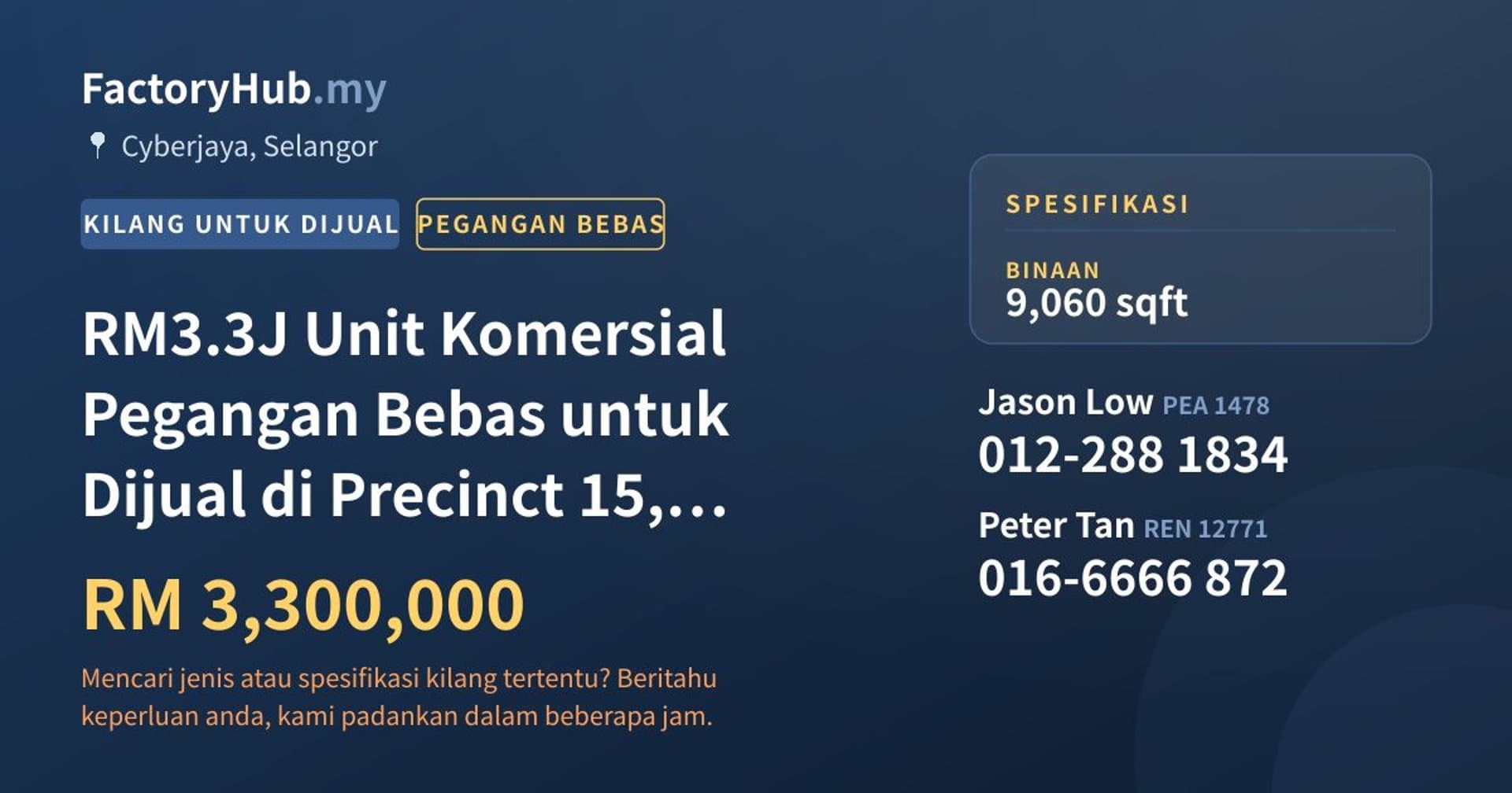 RM3.3J Unit Komersial Pegangan Bebas untuk Dijual di Precinct 15, Putrajaya – 9060kp · Imej hartanah 1/13