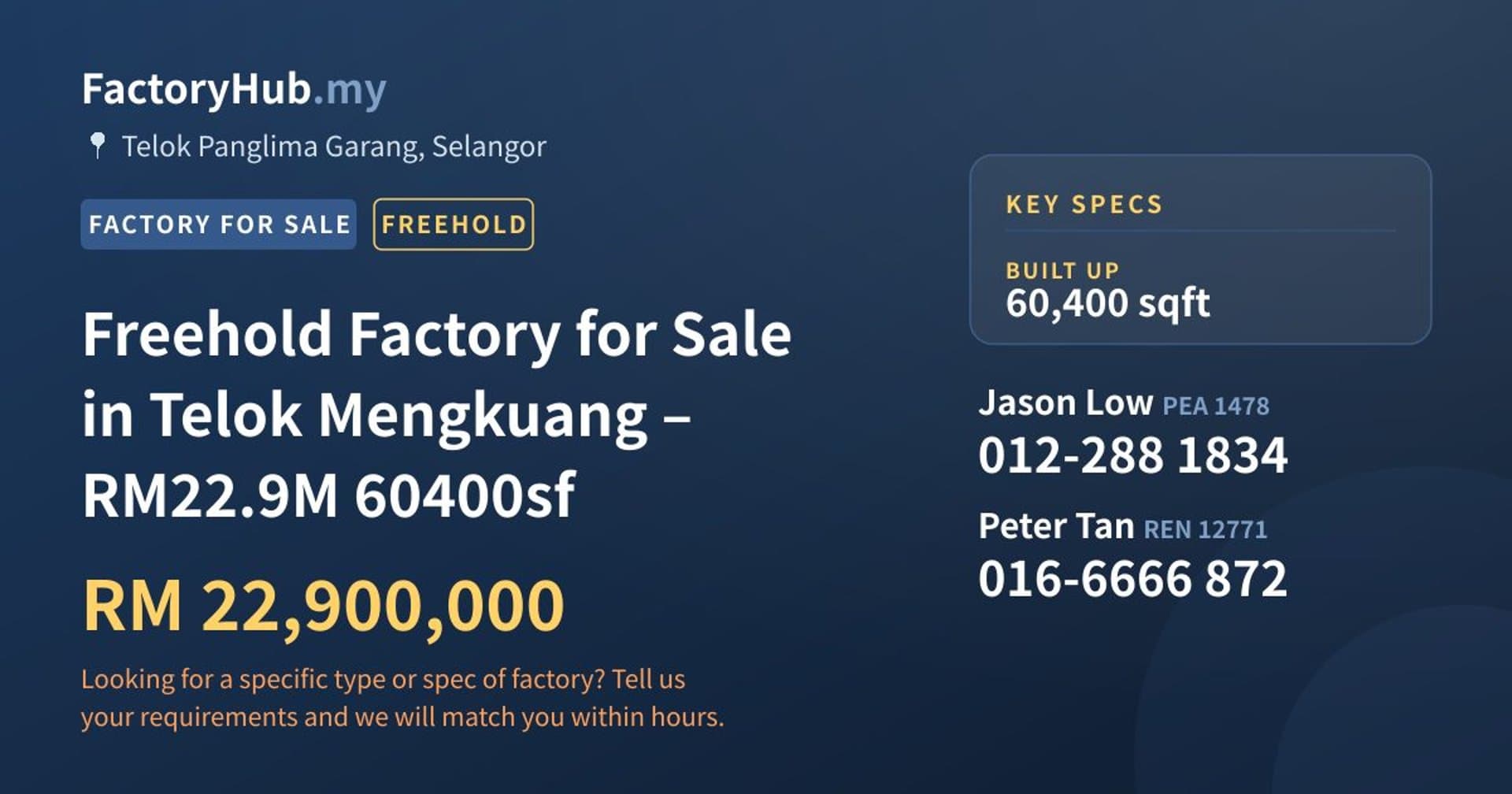 Freehold Factory for Sale in Telok Mengkuang – RM22.9M 60400sf - Property image 1 of 7