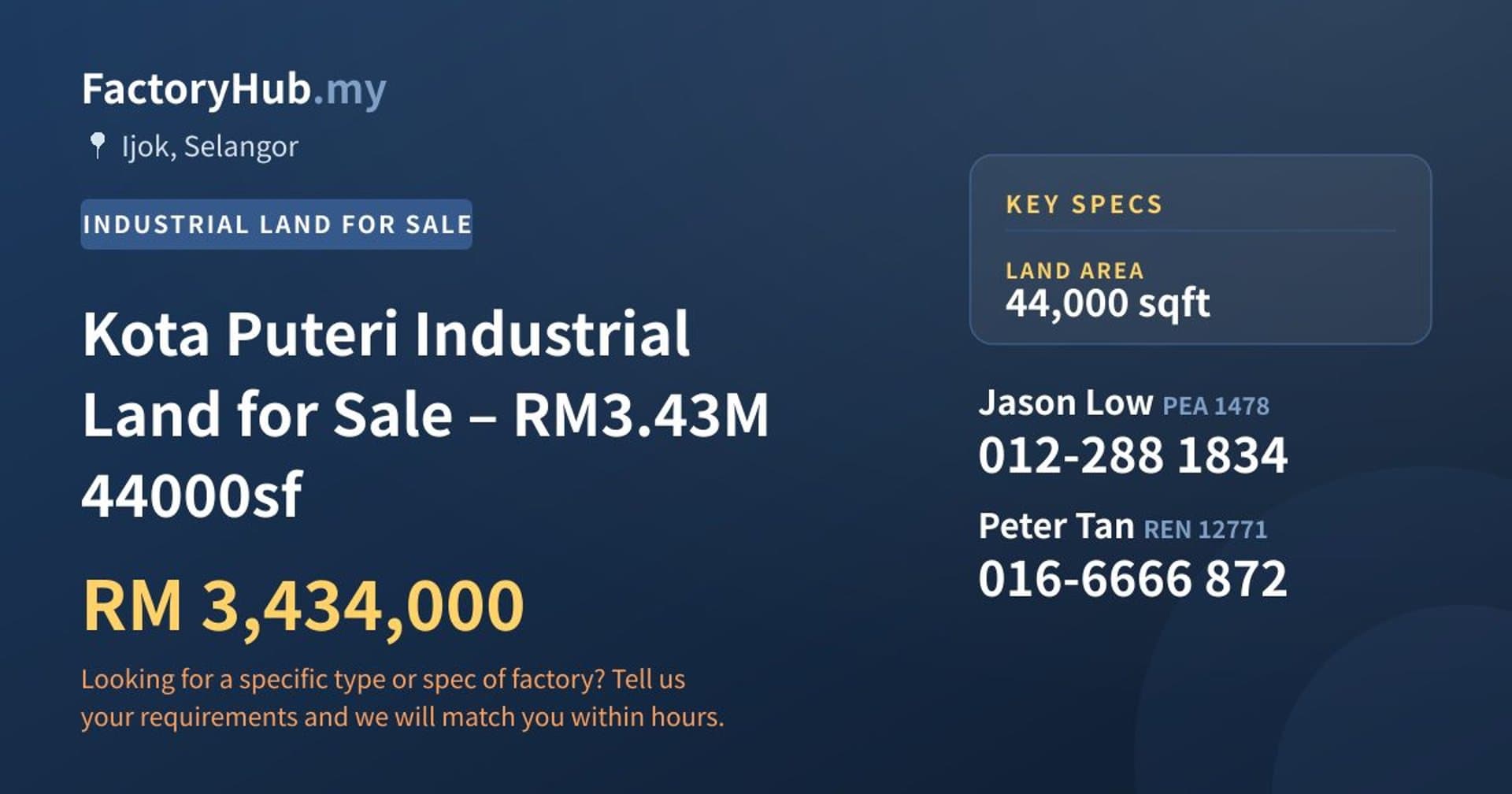 Kota Puteri Industrial Land for Sale – RM3.43M 44000sf - Property image 1 of 5