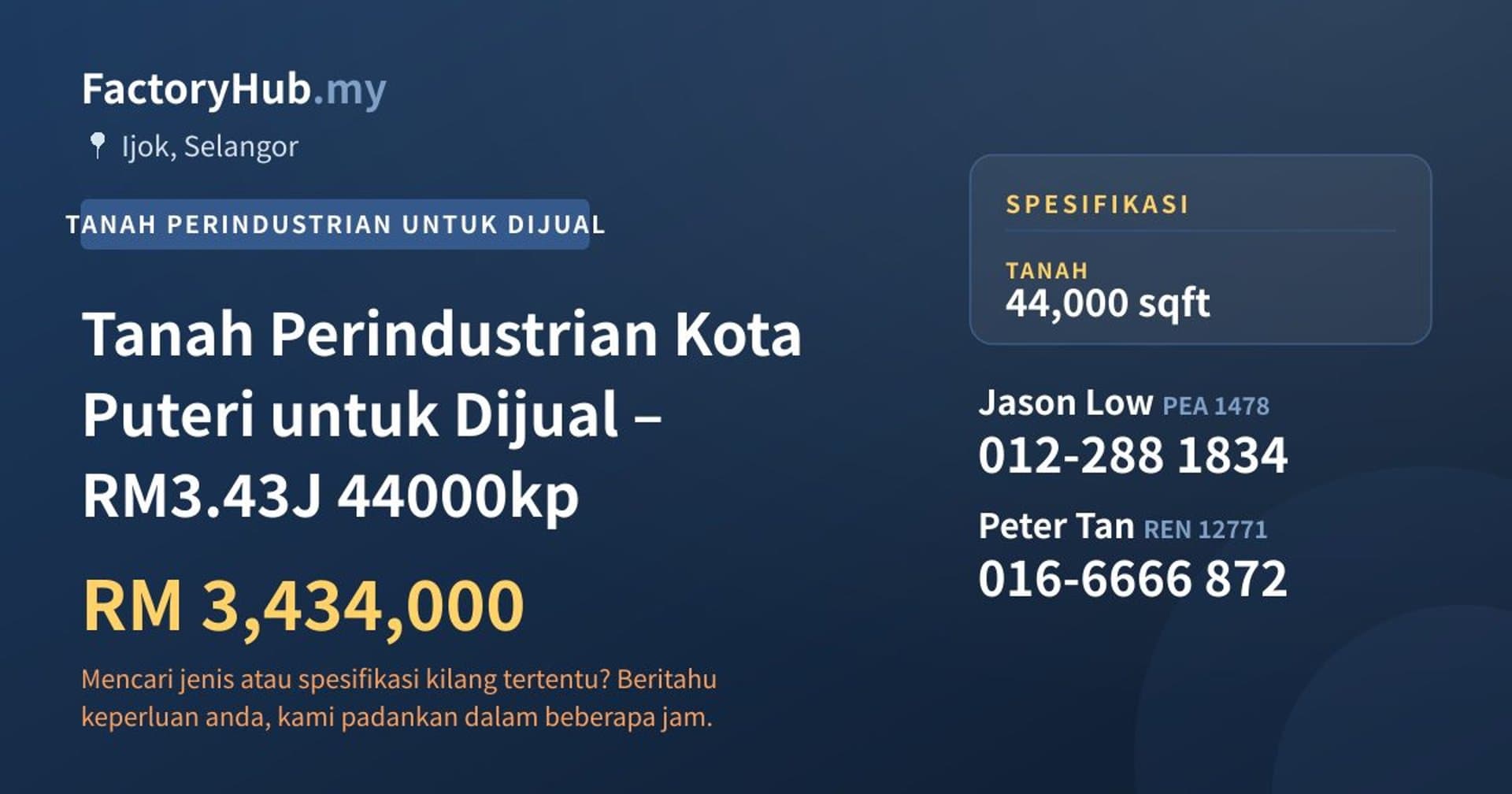 Tanah Perindustrian Kota Puteri untuk Dijual – RM3.43J 44000kp · Imej hartanah 1/5
