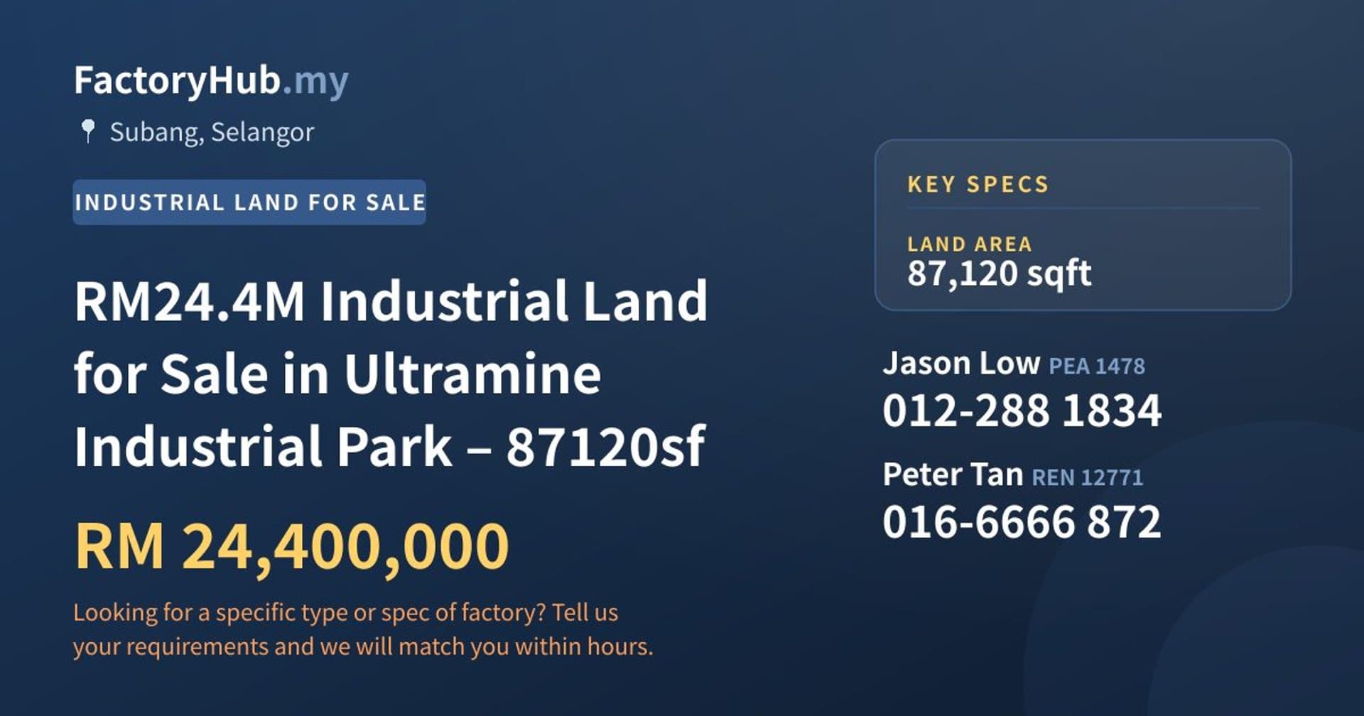 RM24.4M Industrial Land for Sale in Ultramine Industrial Park – 87120sf - Property image 1 of 3