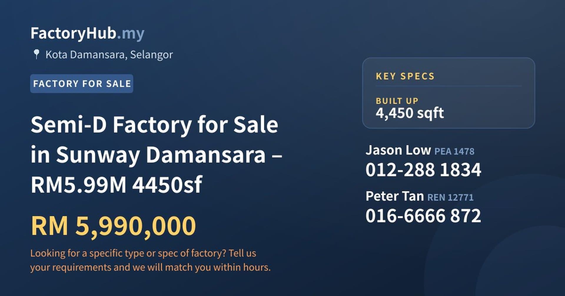 Semi-D Factory for Sale in Sunway Damansara – RM5.99M 4450sf - Property image 1 of 7