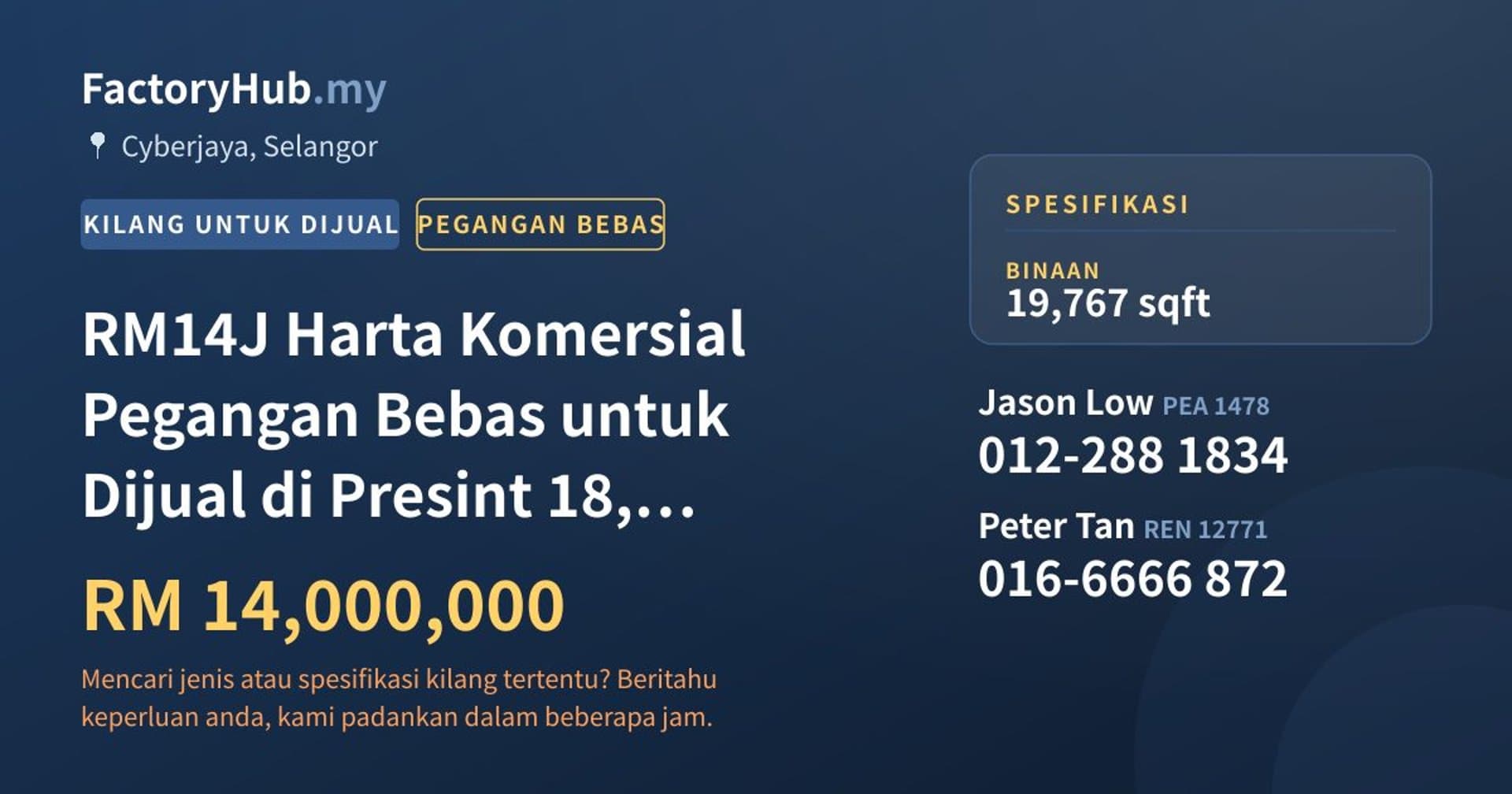 RM14J Harta Komersial Pegangan Bebas untuk Dijual di Presint 18, Putrajaya – 19767kp · Imej hartanah 1/7