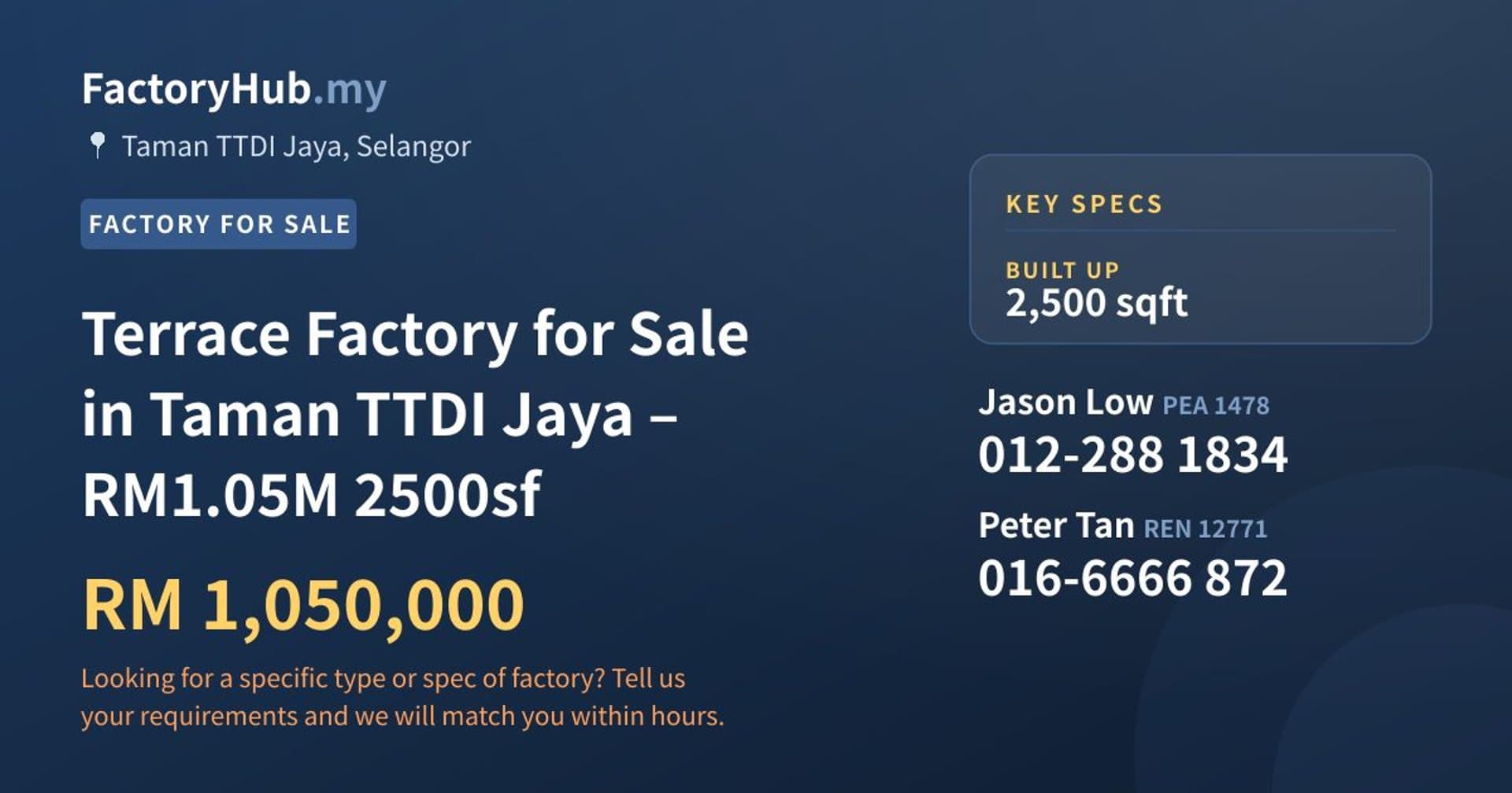 Terrace Factory for Sale in Taman TTDI Jaya – RM1.05M 2500sf - Property image 1 of 7