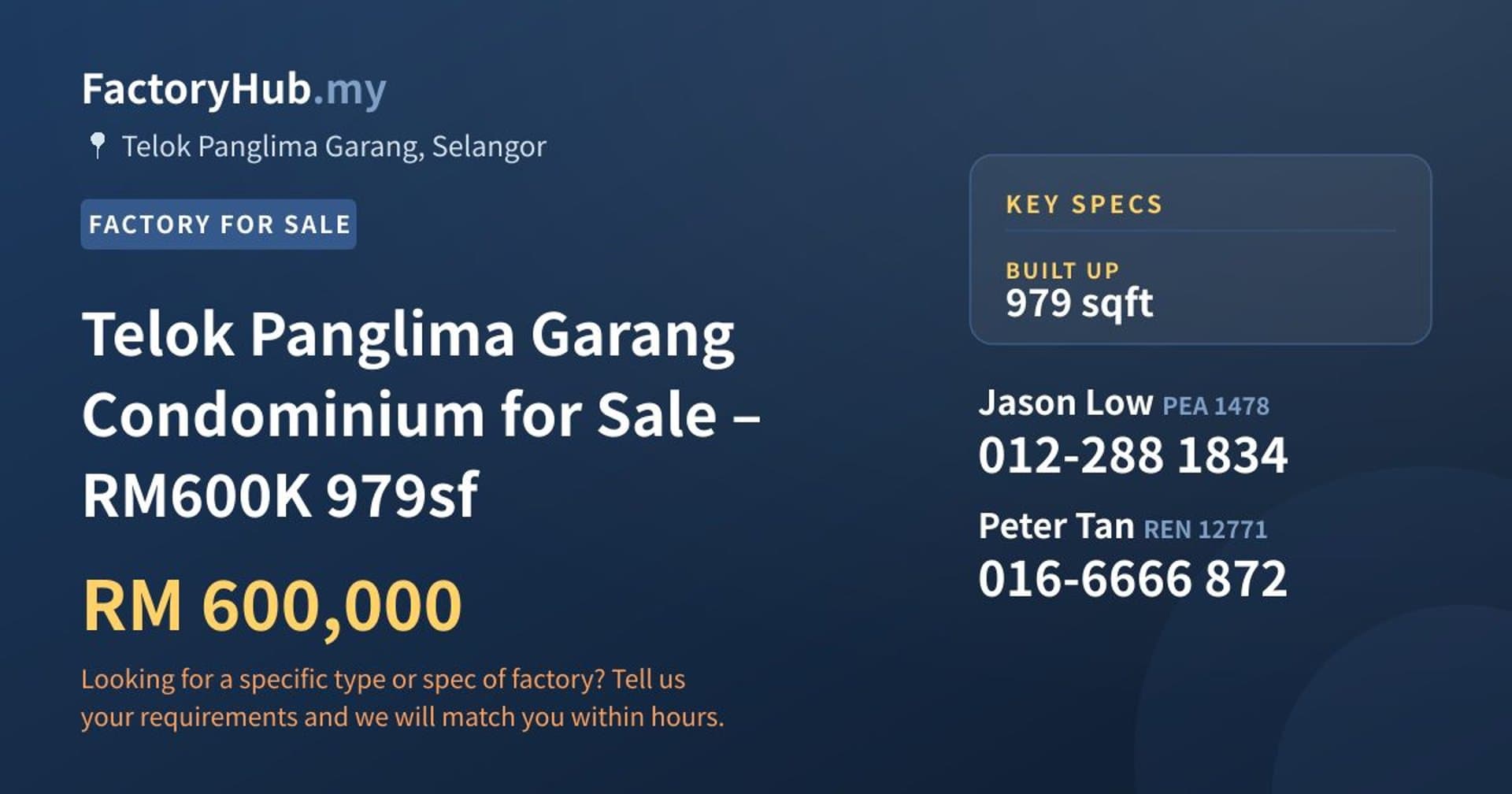 Telok Panglima Garang Condominium for Sale – RM600K 979sf - Property image 1 of 16