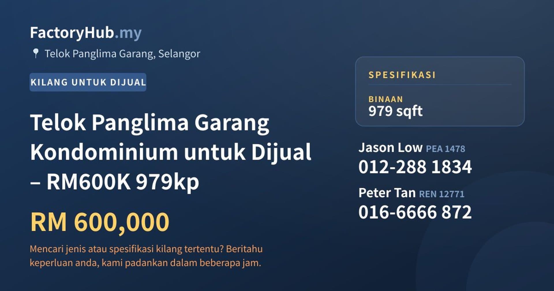 Telok Panglima Garang Kondominium untuk Dijual – RM600K 979kp · Imej hartanah 1/16
