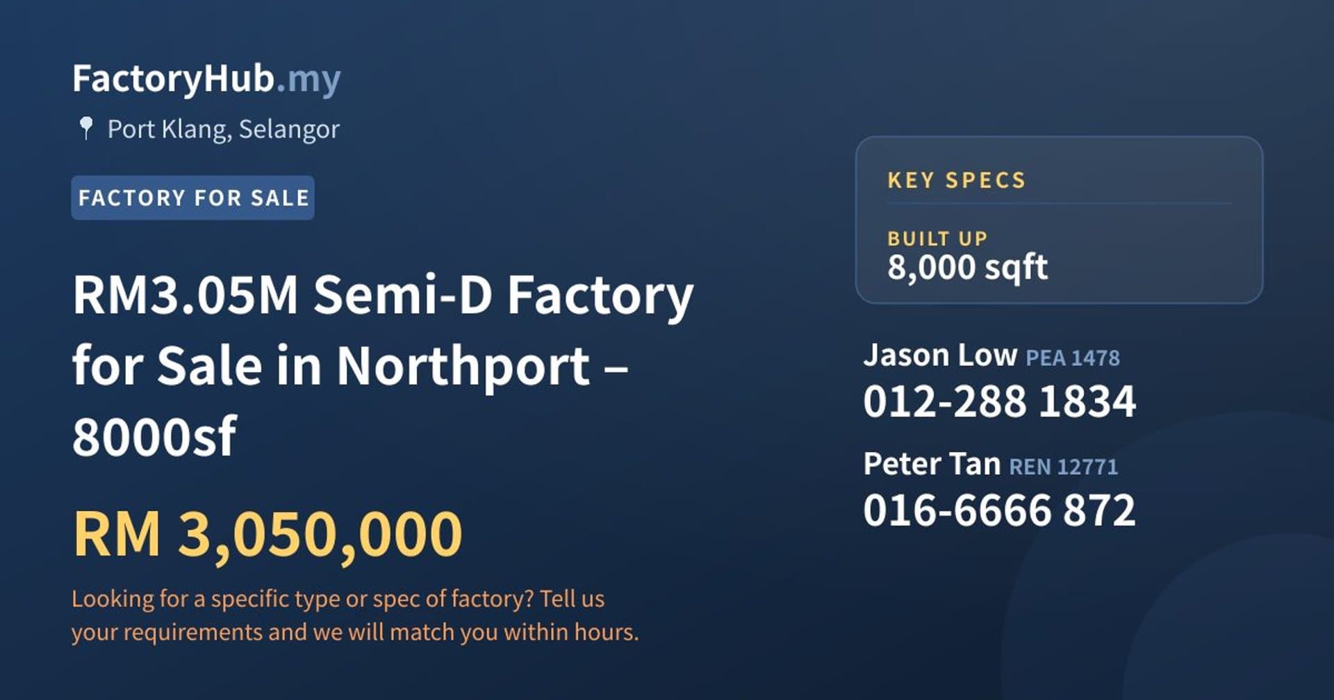 RM3.05M Semi-D Factory for Sale in Northport – 8000sf - Property image 1 of 7