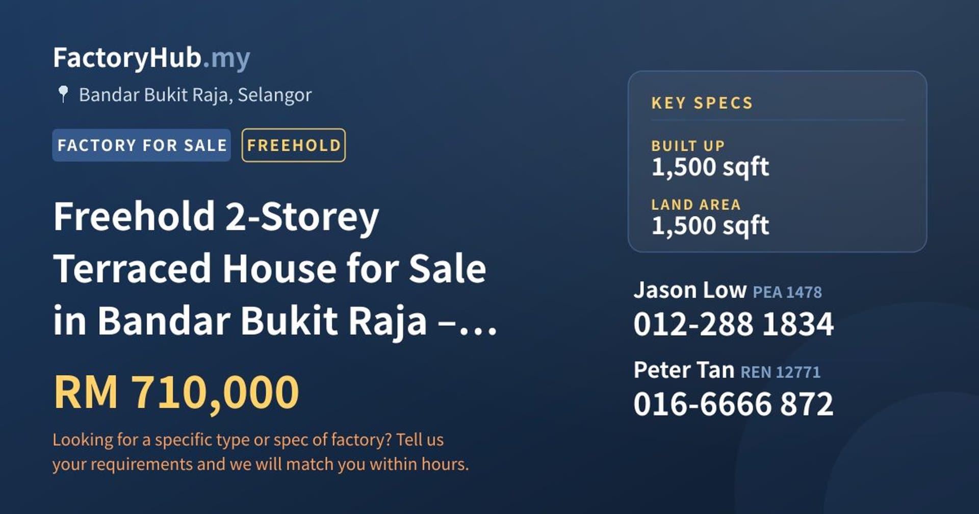 Freehold 2-Storey Terraced House for Sale in Bandar Bukit Raja – RM710K 1500sf - Property image 1 of 10