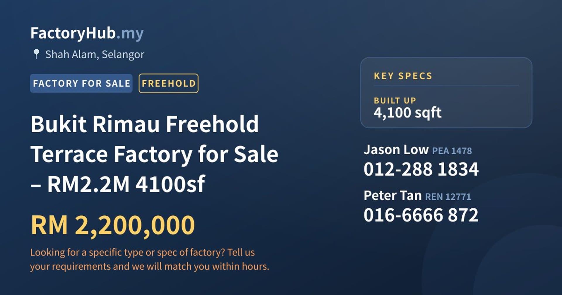 Bukit Rimau Freehold Terrace Factory for Sale – RM2.2M 4100sf - Property image 1 of 6