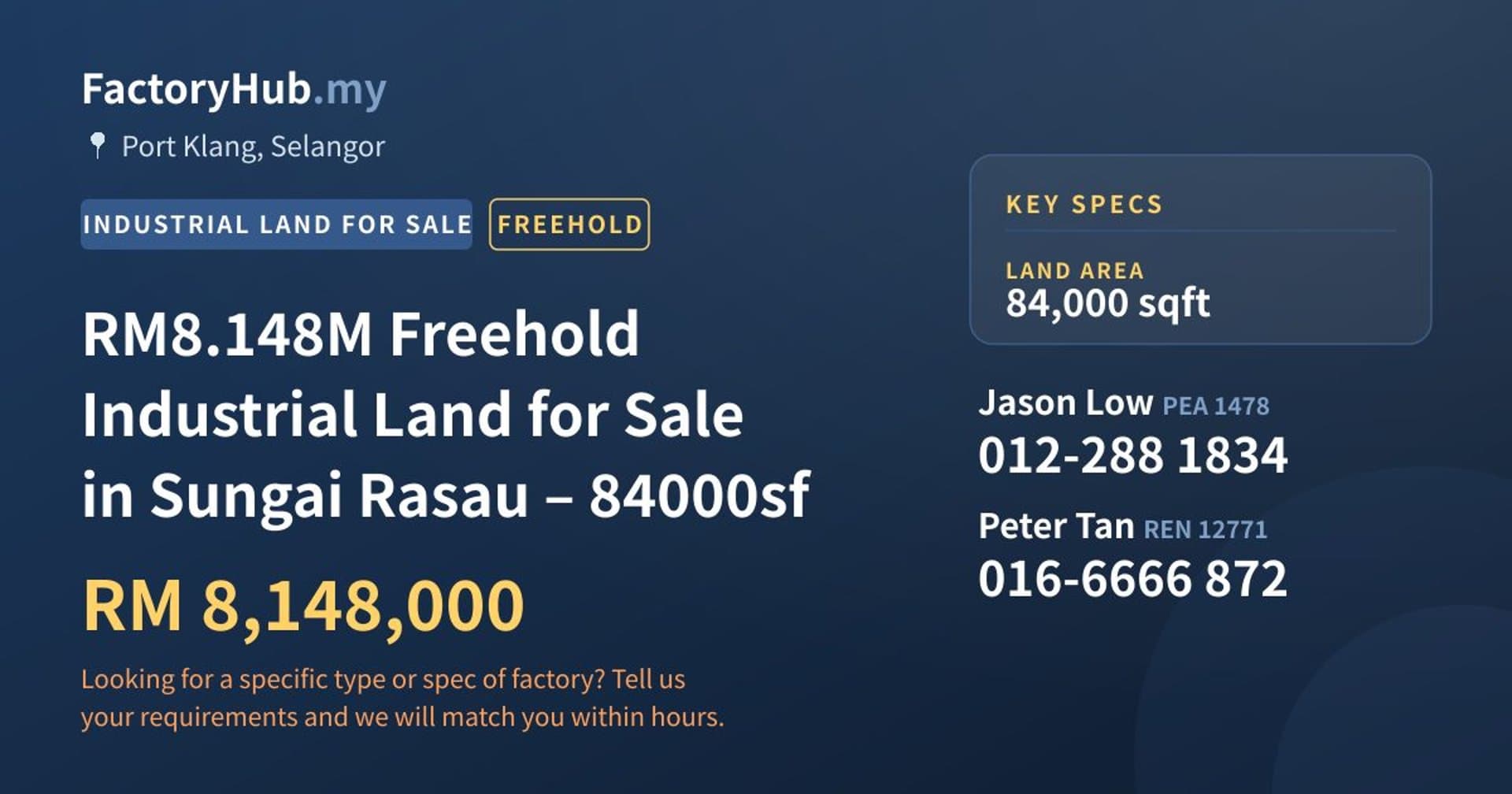 RM8.148M Freehold Industrial Land for Sale in Sungai Rasau – 84000sf - Property image 1 of 7