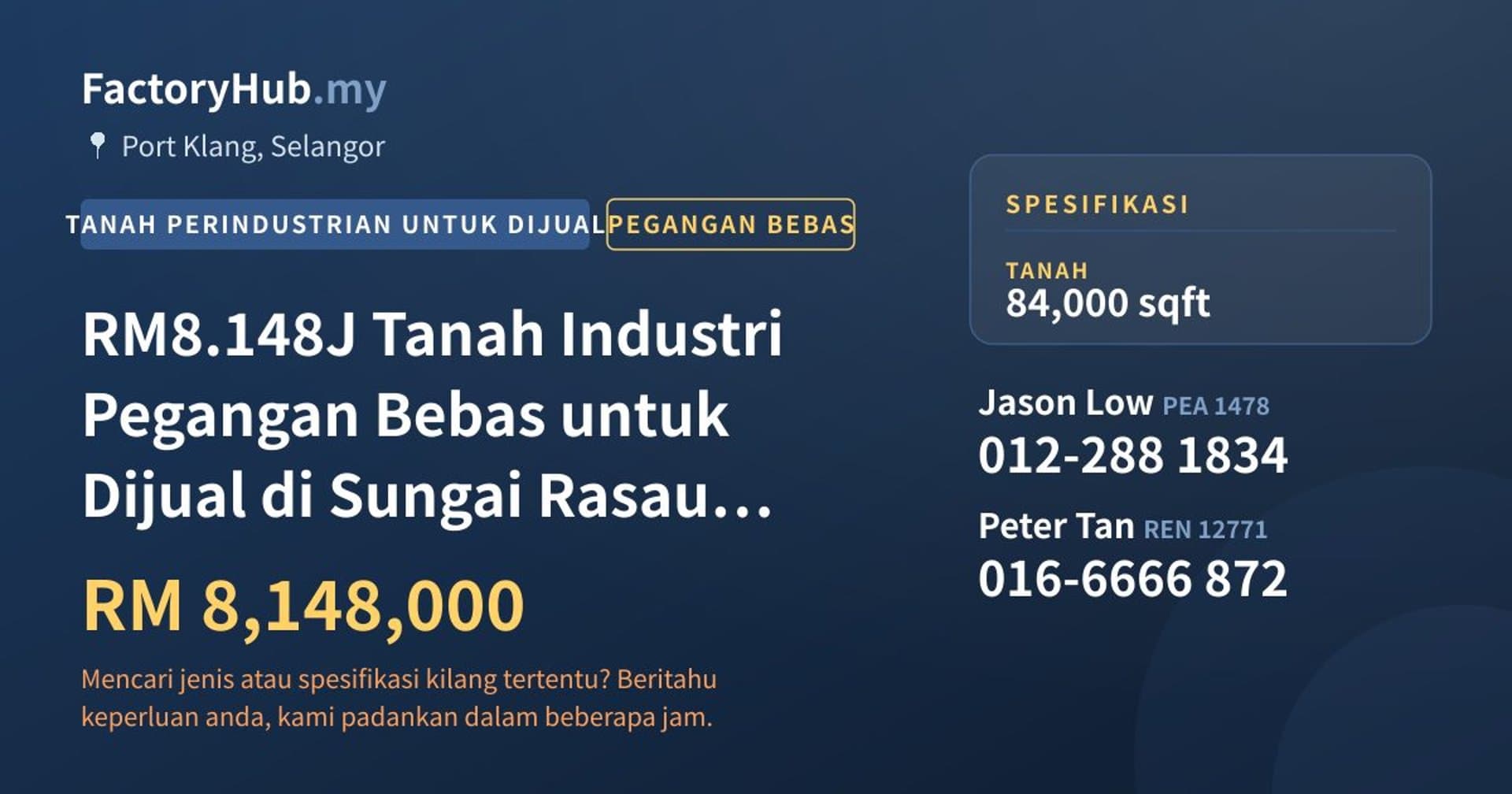 RM8.148J Tanah Industri Pegangan Bebas untuk Dijual di Sungai Rasau – 84000kp · Imej hartanah 1/7