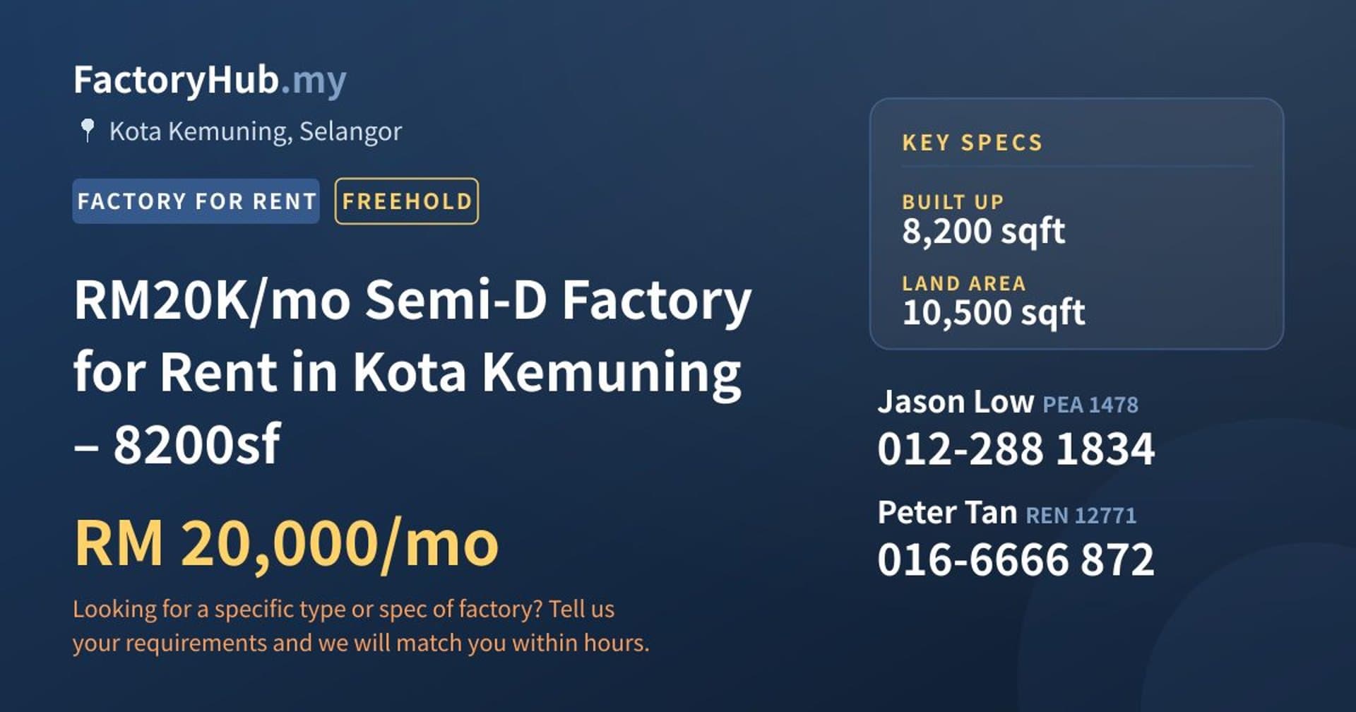 RM20K/mo Semi-D Factory for Rent in Kota Kemuning – 8200sf - Property image 1 of 8