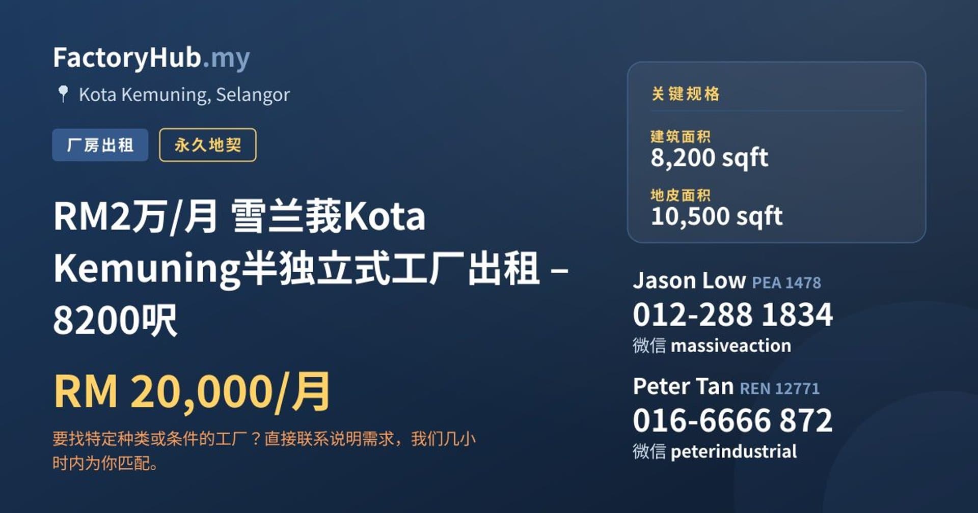 RM2万/月 雪兰莪Kota Kemuning半独立式工厂出租 – 8200呎 · 房源图片 1/8
