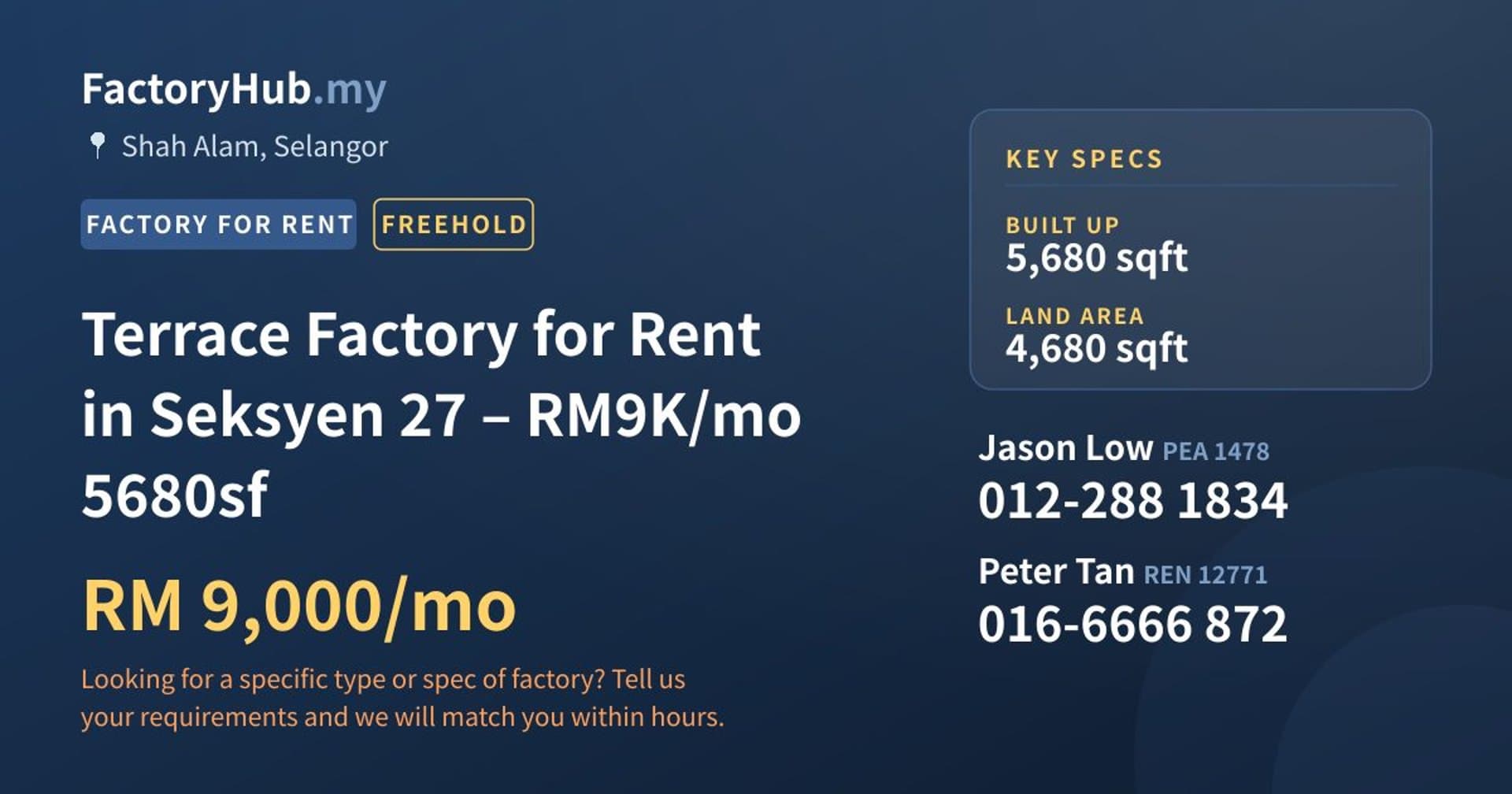Terrace Factory for Rent in Seksyen 27 – RM9K/mo 5680sf - Property image 1 of 9