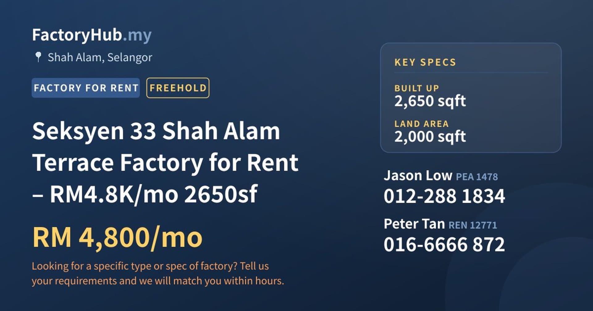Seksyen 33 Shah Alam Terrace Factory for Rent – RM4.8K/mo 2650sf - Property image 1 of 7