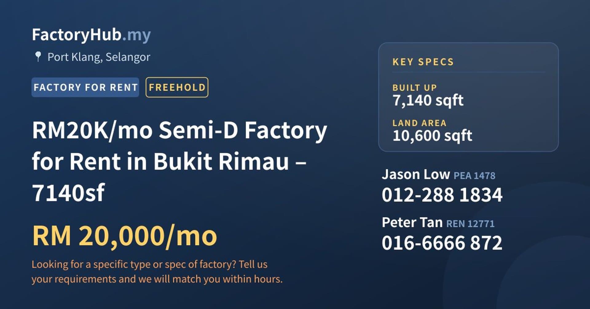RM20K/mo Semi-D Factory for Rent in Bukit Rimau – 7140sf - Property image 1 of 7