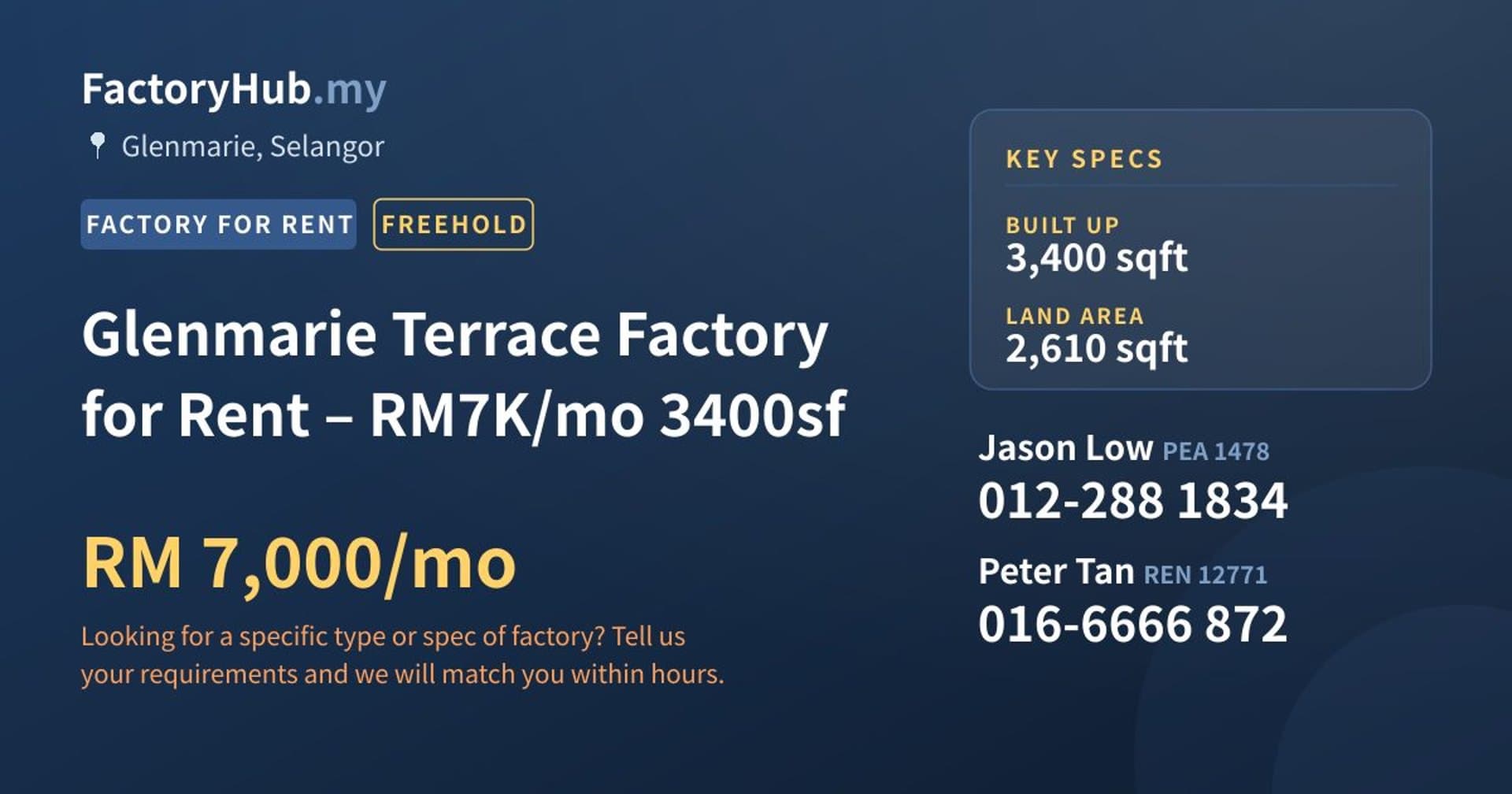 Glenmarie Terrace Factory for Rent – RM7K/mo 3400sf - Property image 1 of 7