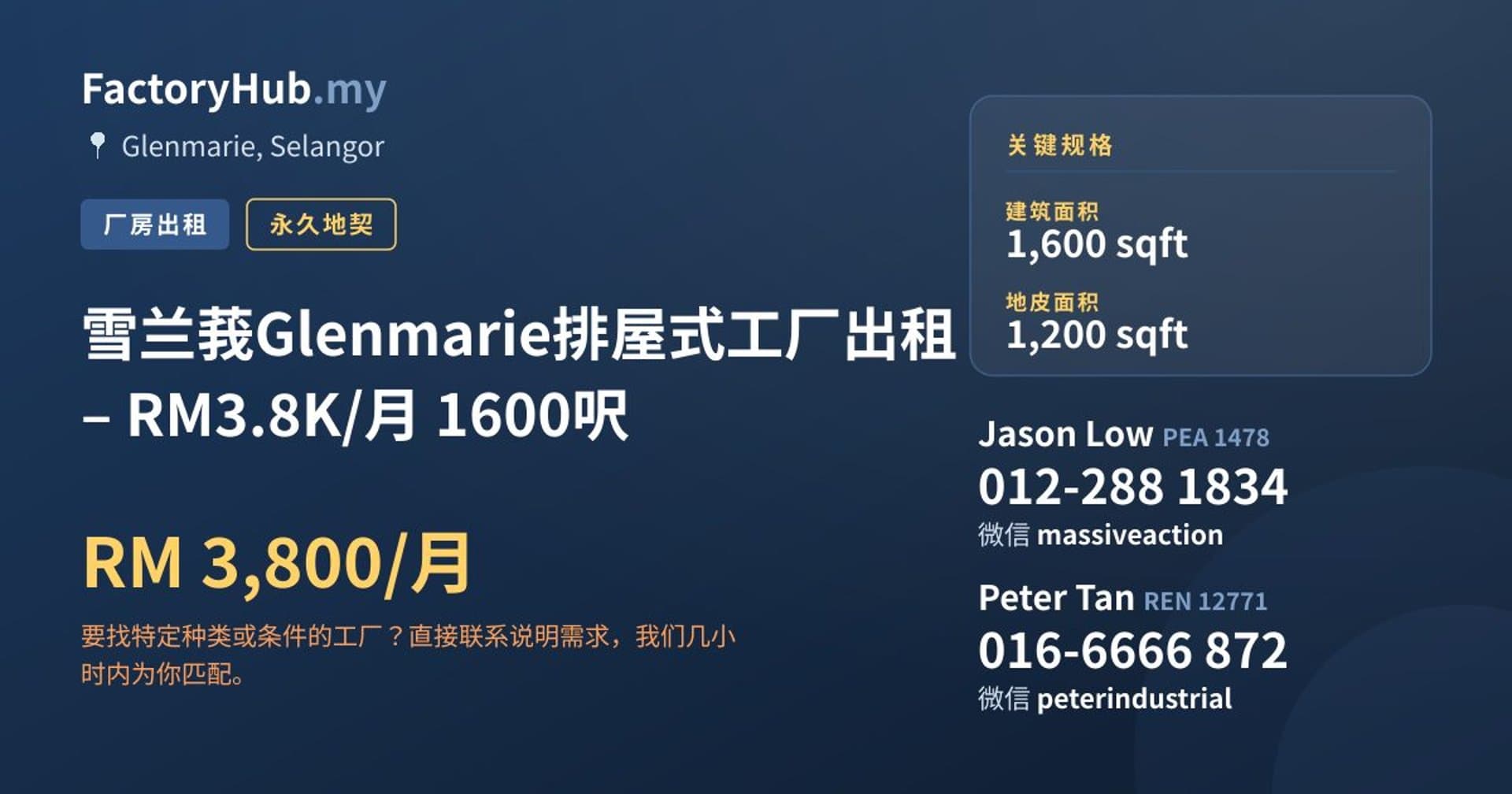 雪兰莪Glenmarie排屋式工厂出租 – RM3.8K/月 1600呎 · 房源图片 1/7