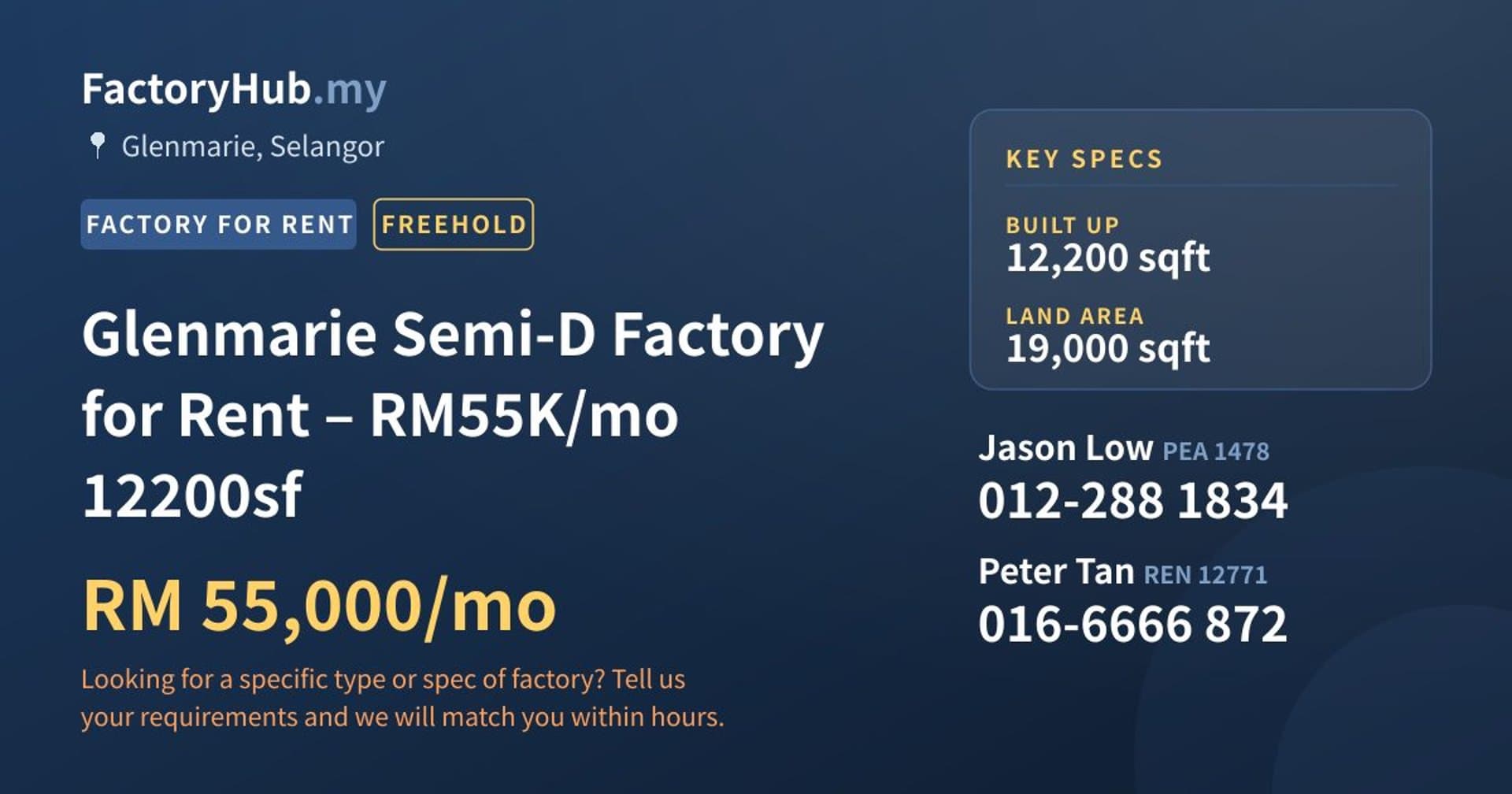 Glenmarie Semi-D Factory for Rent – RM55K/mo 12200sf - Property image 1 of 7