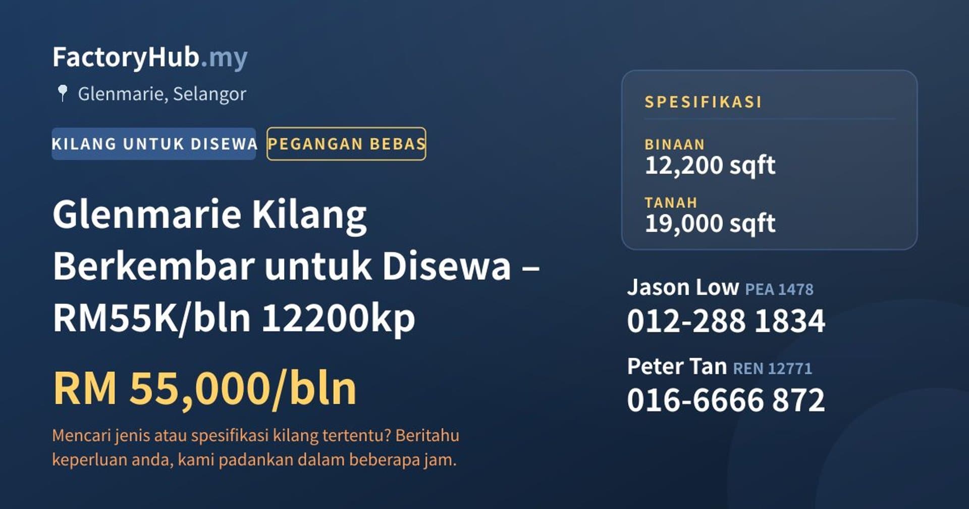 Glenmarie Kilang Berkembar untuk Disewa – RM55K/bln 12200kp · Imej hartanah 1/7