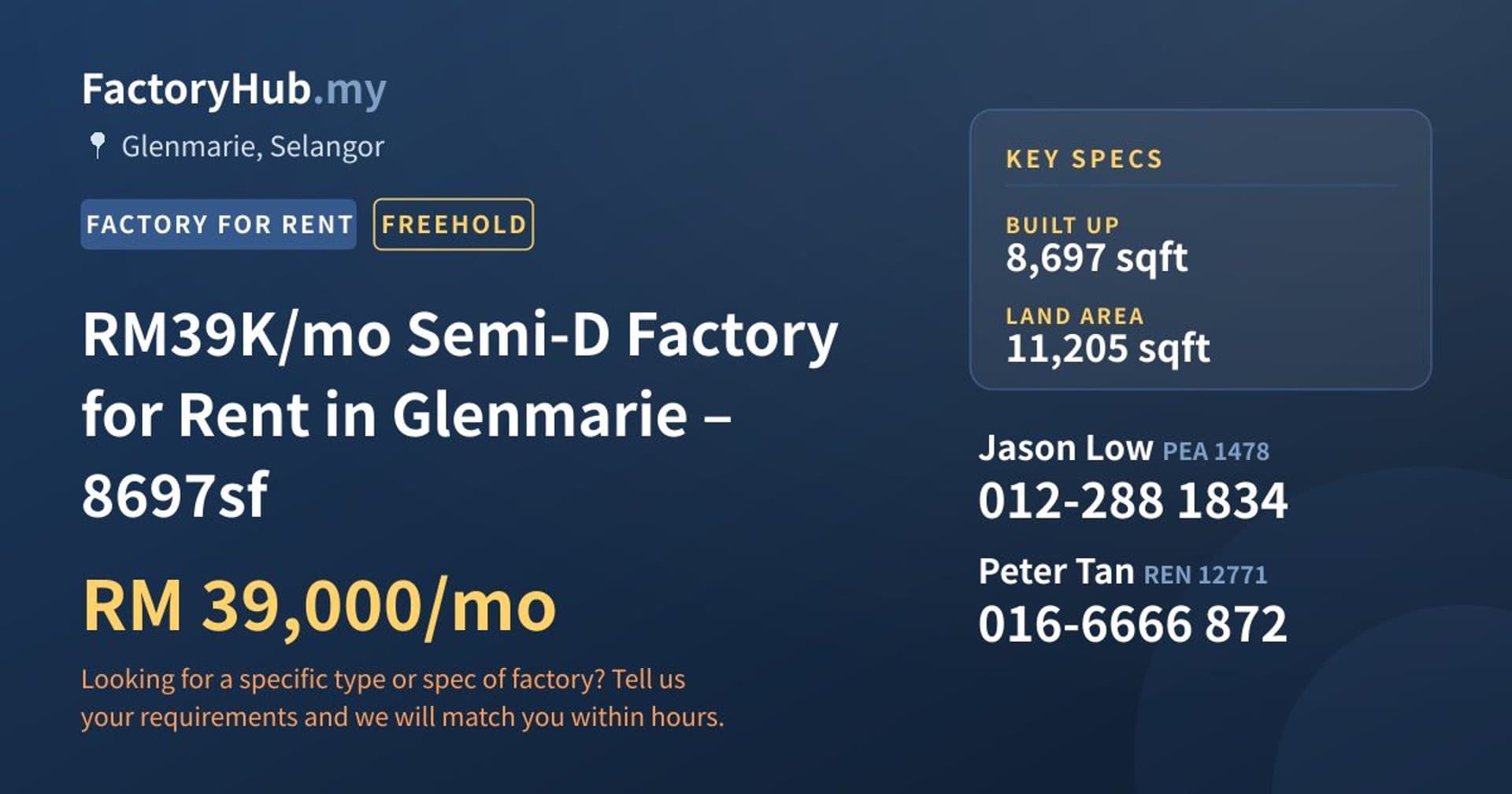 RM39K/mo Semi-D Factory for Rent in Glenmarie – 8697sf - Property image 1 of 9