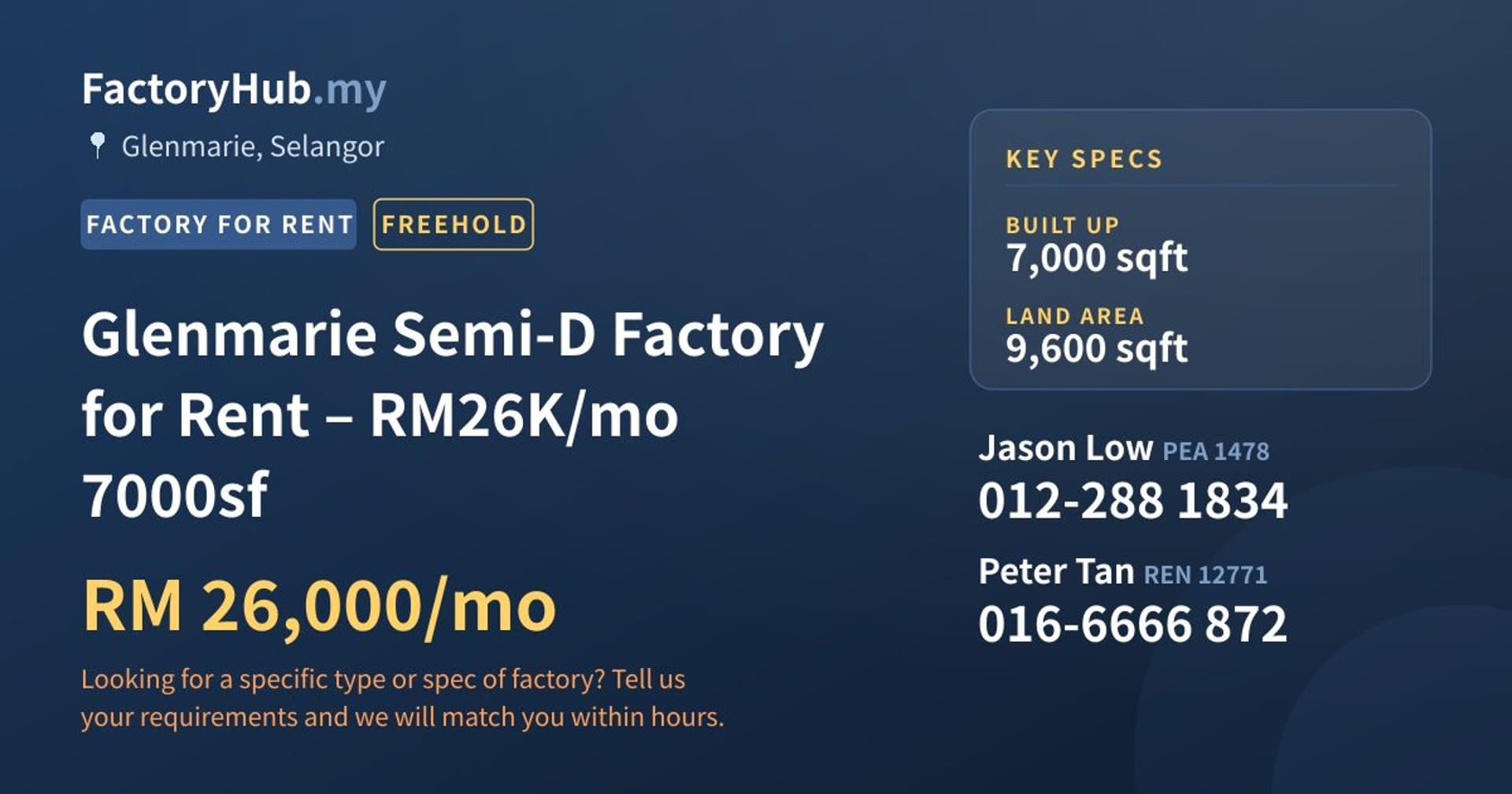 Glenmarie Semi-D Factory for Rent – RM26K/mo 7000sf - Property image 1 of 9