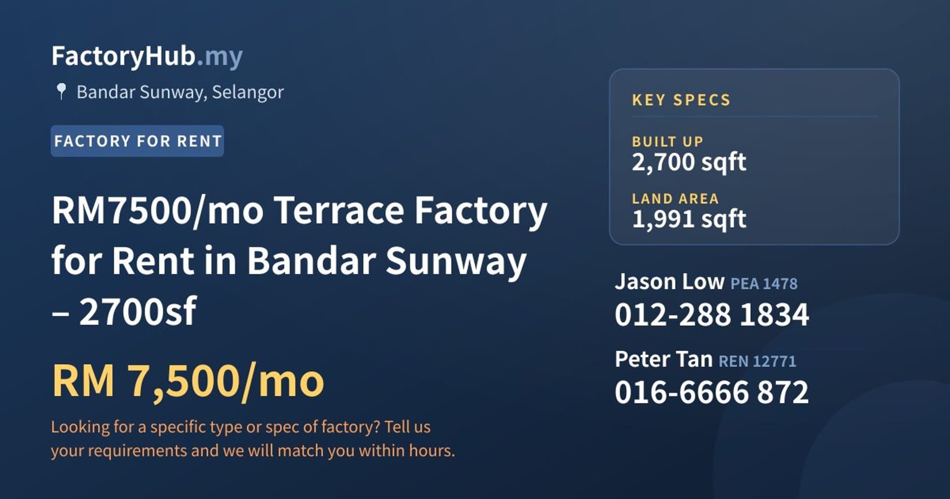 RM7500/mo Terrace Factory for Rent in Bandar Sunway – 2700sf - Property image 1 of 6