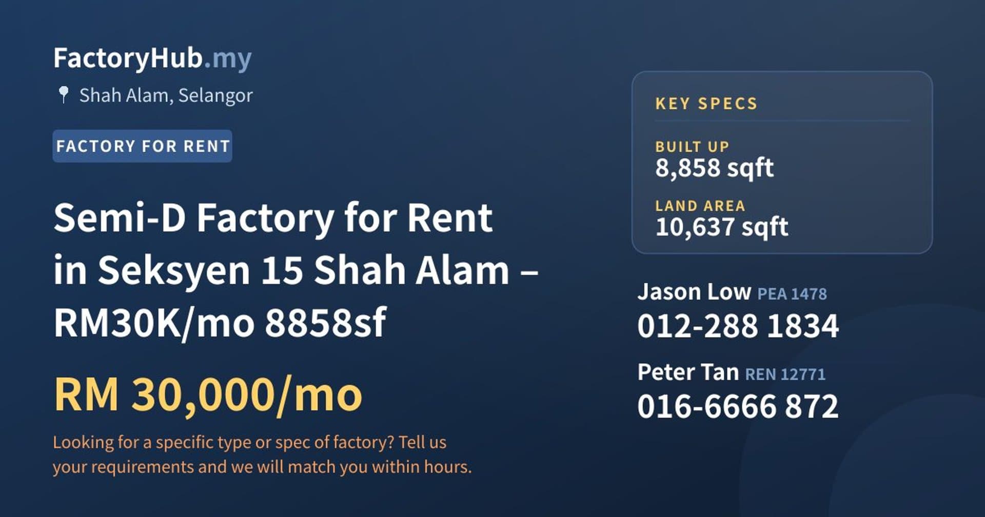 Semi-D Factory for Rent in Seksyen 15 Shah Alam – RM30K/mo 8858sf - Property image 1 of 7