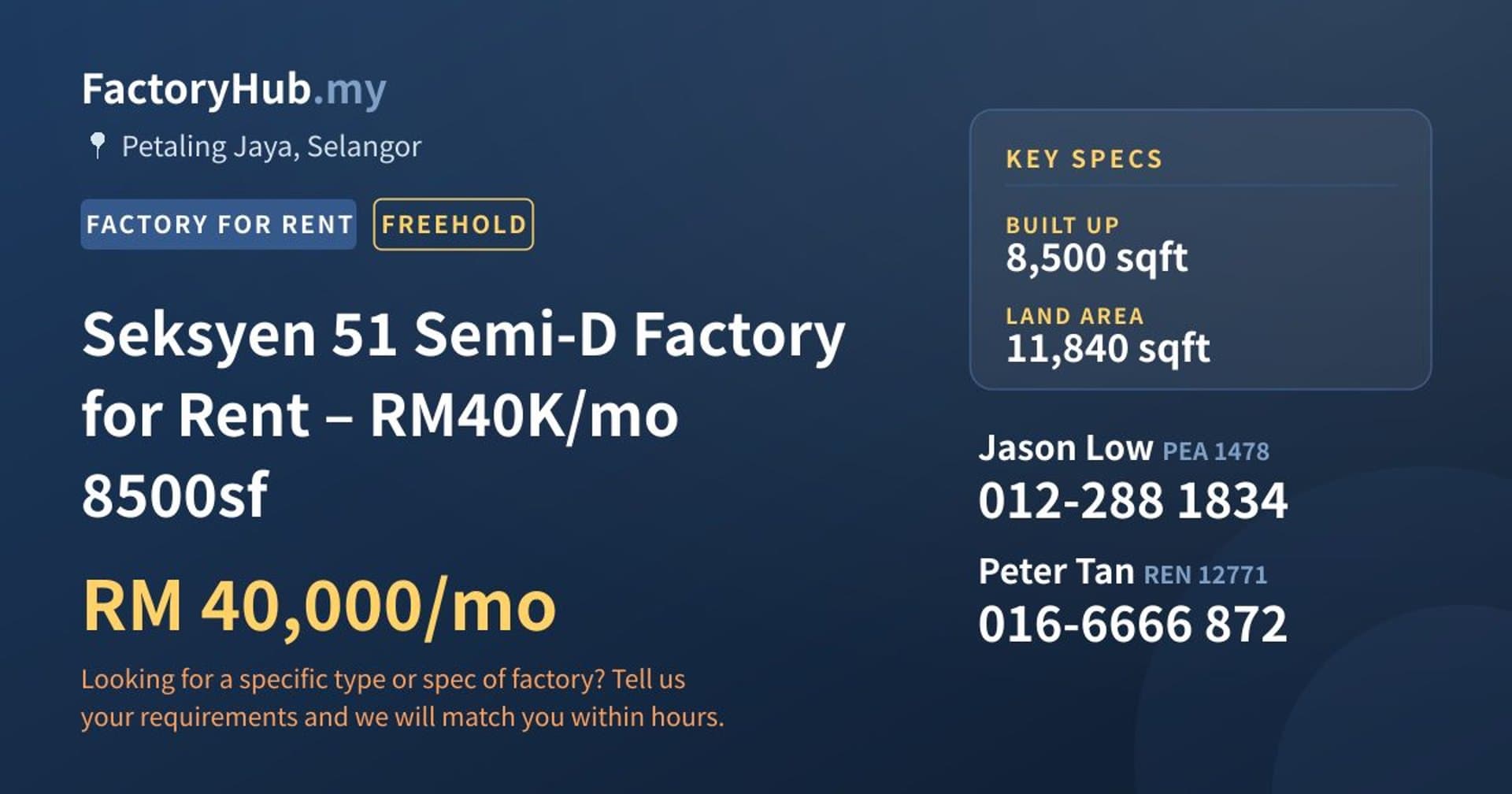 Seksyen 51 Semi-D Factory for Rent – RM40K/mo 8500sf - Property image 1 of 10