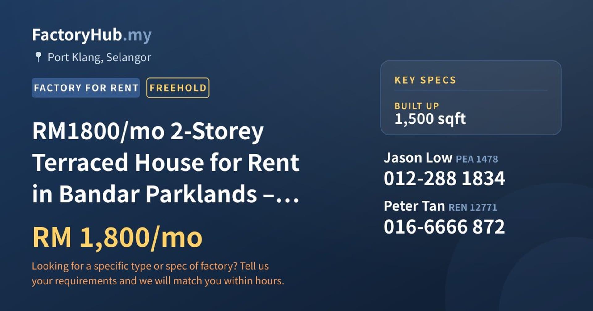RM1800/mo 2-Storey Terraced House for Rent in Bandar Parklands – 1500sf - Property image 1 of 7