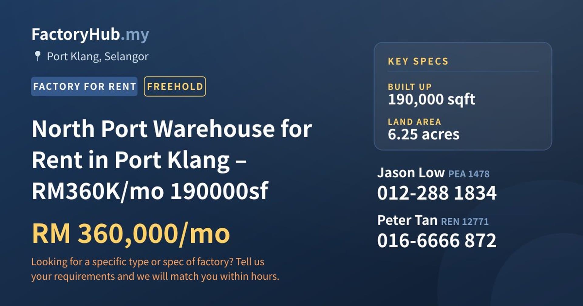 North Port Warehouse for Rent in Port Klang – RM360K/mo 190000sf - Property image 1 of 7