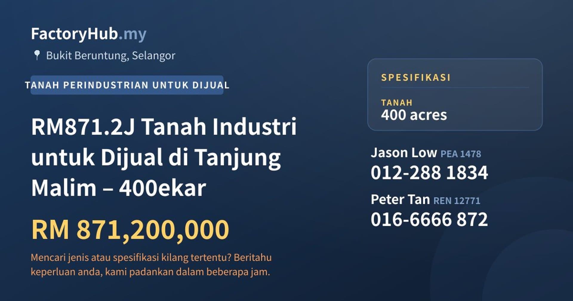 RM871.2J Tanah Industri untuk Dijual di Tanjung Malim – 400ekar · Imej hartanah 1/7