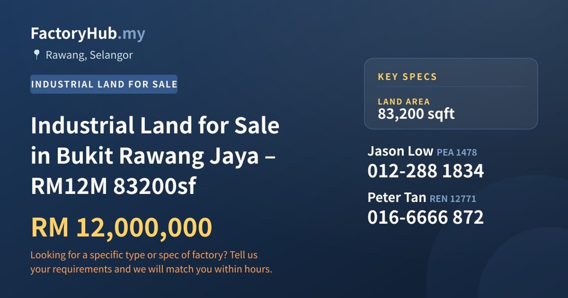 Industrial Land for Sale in Bukit Rawang Jaya – RM12M 83200sf - Property image 1 of 8