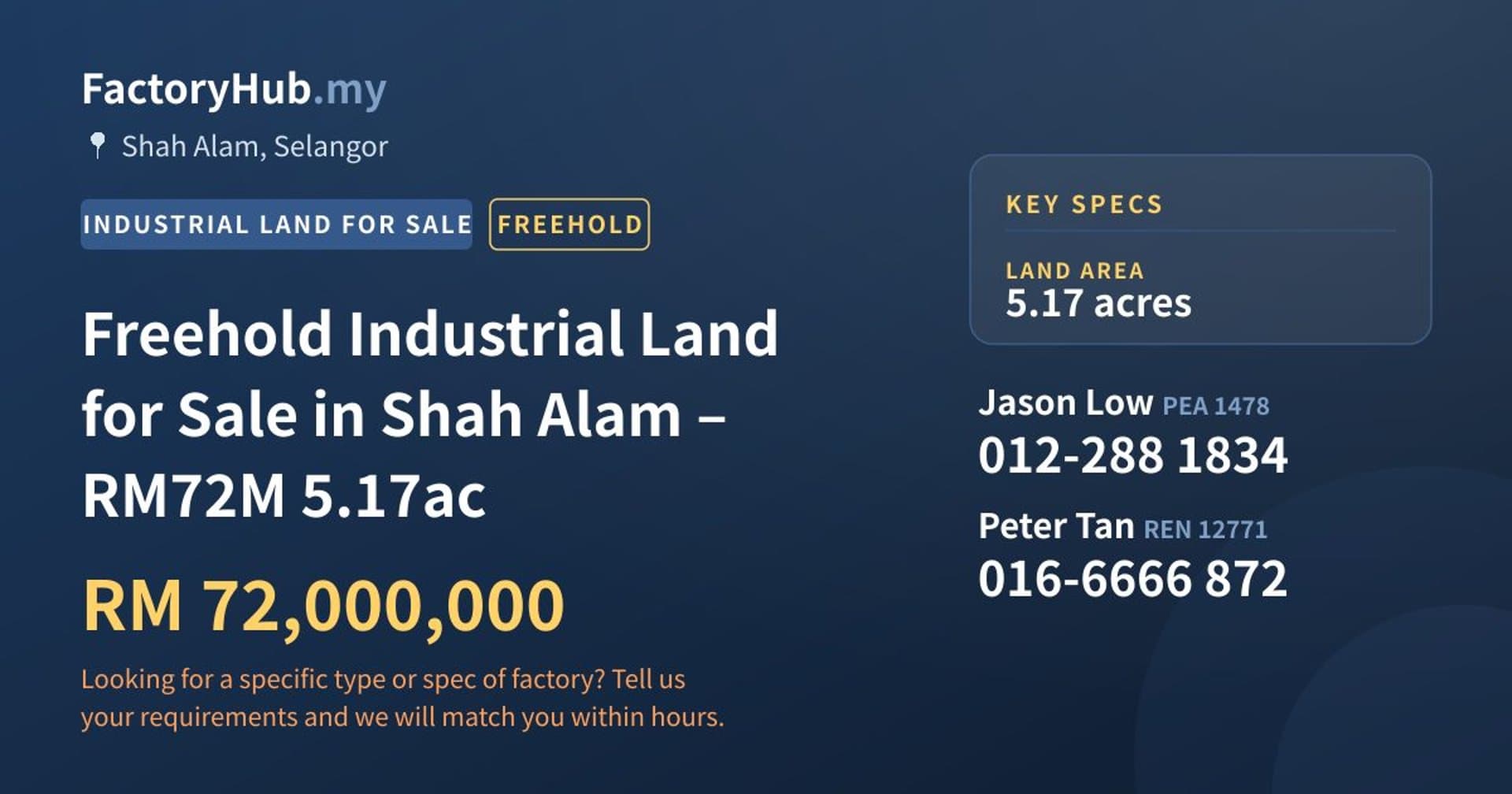 Freehold Industrial Land for Sale in Shah Alam – RM72M 5.17ac - Property image 1 of 7