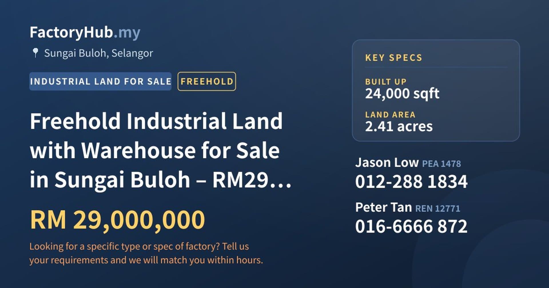 Freehold Industrial Land with Warehouse for Sale in Sungai Buloh – RM29M 105000sf - Property image 1 of 7